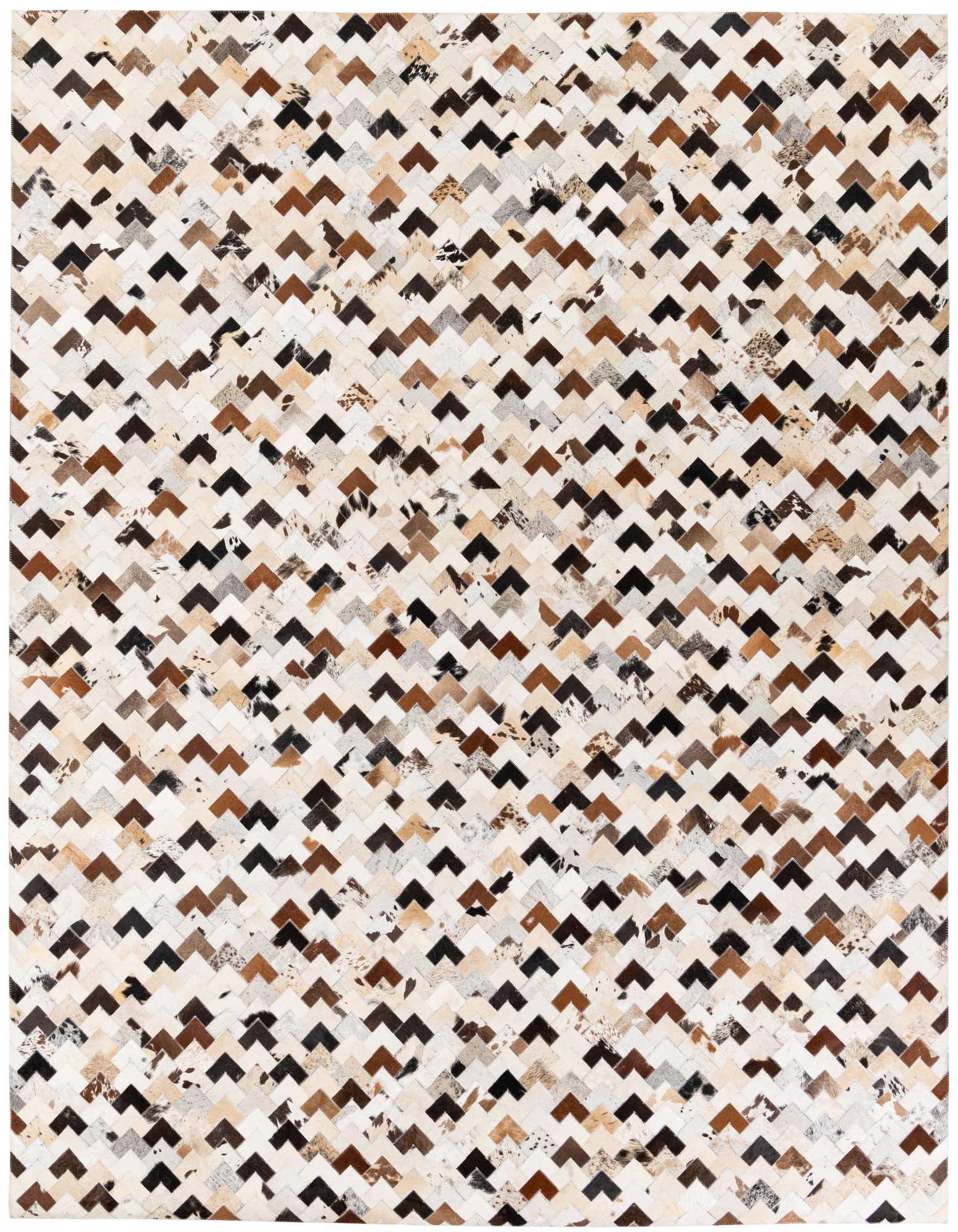 A multi-colored 8x10 rectangular cowhide rug with a modern chevron pattern in shades of brown, black, and white.