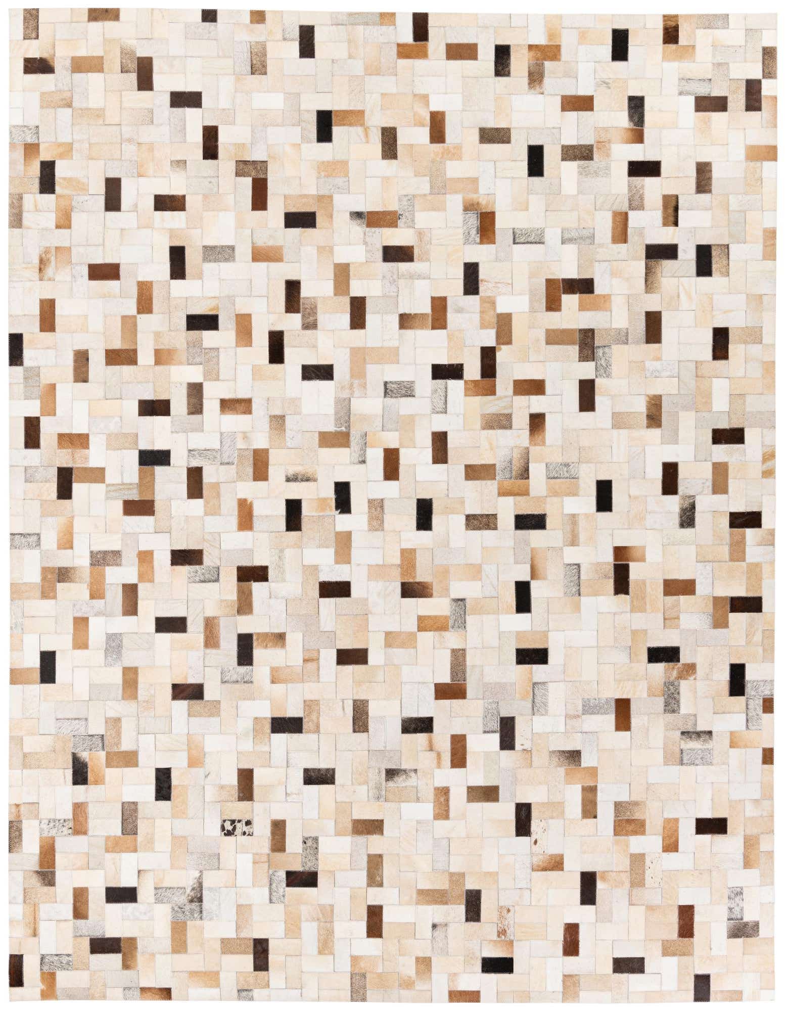 A rectangular 8x10 multi-colored cowhide rug featuring a modern patchwork of natural brown, black, and cream leather rectangles.