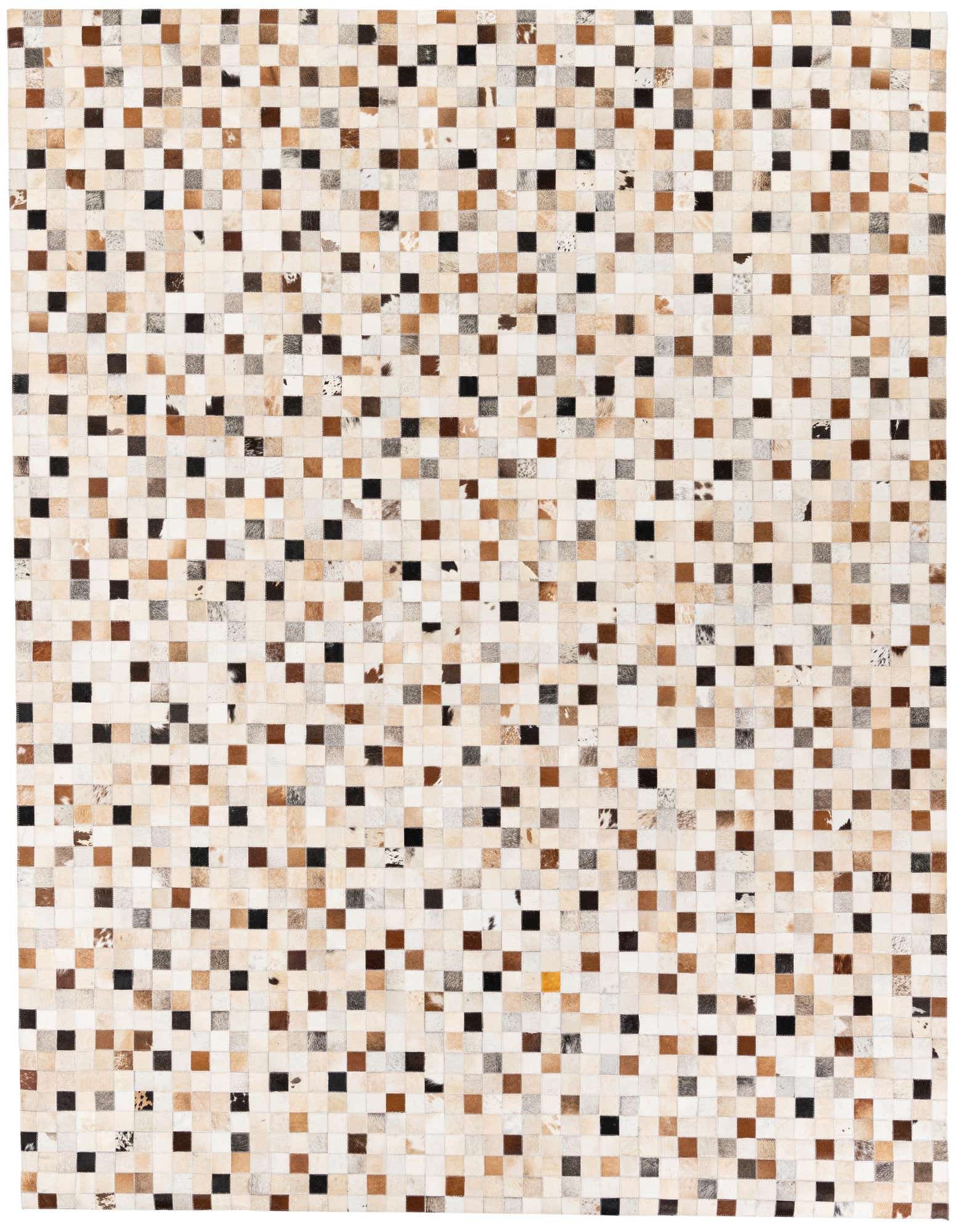 A rectangular 8x10 multi-colored modern cowhide rug with a patchwork of small square pieces in varying shades of brown, black, and white.