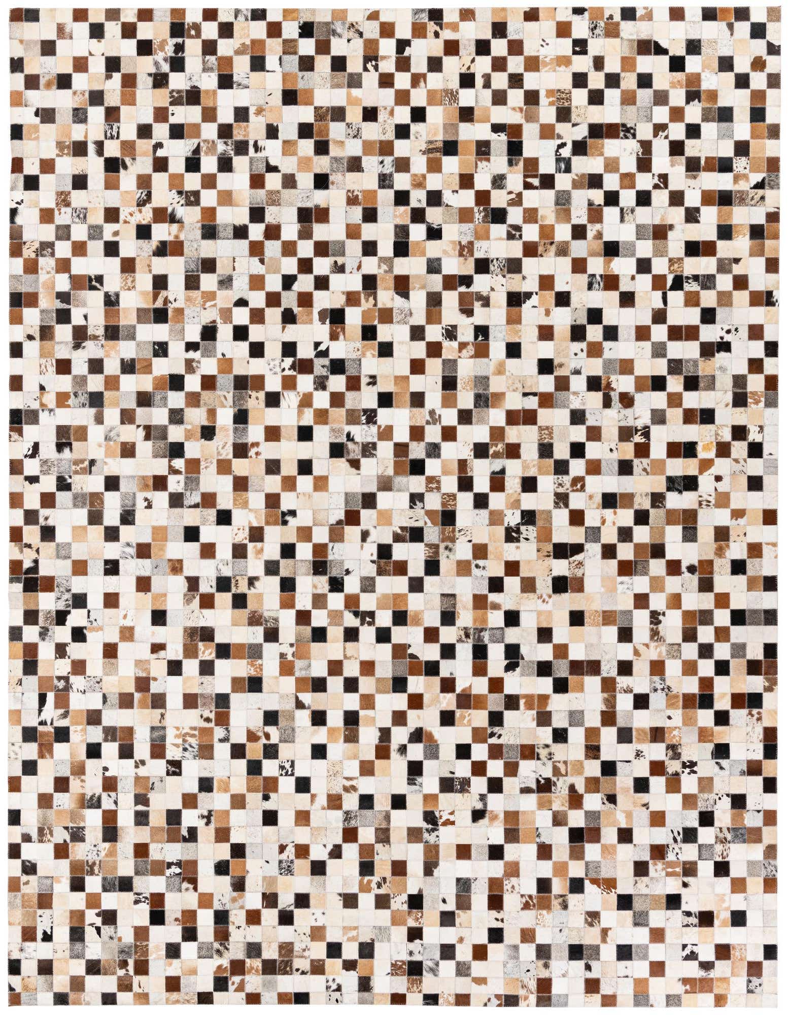 A rectangular 8x10 multi-colored modern cowhide rug with a checkerboard pattern of natural brown, black, and white squares.