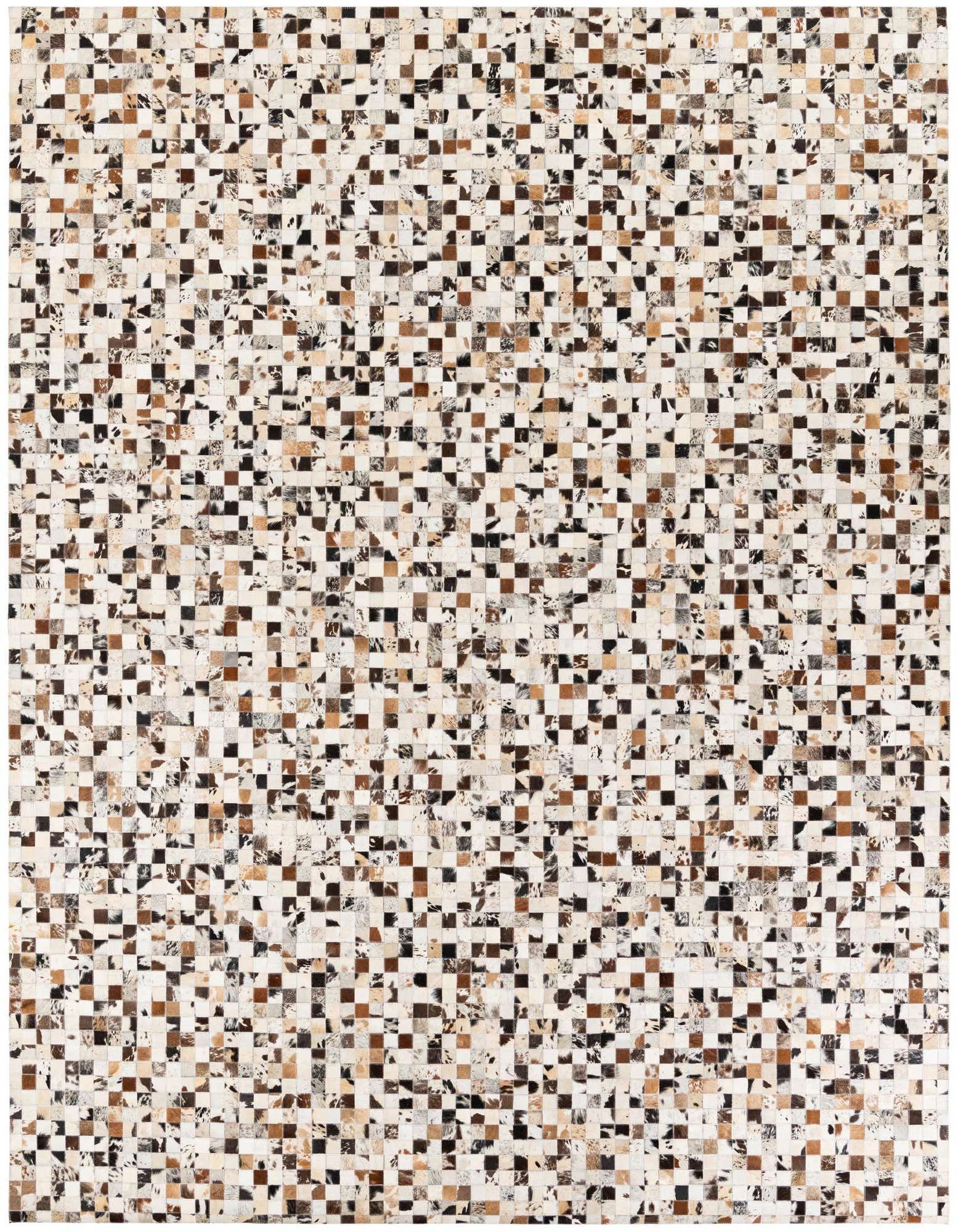 A rectangular 8x10 multi-colored modern cowhide rug with a mosaic pattern of small squares in various natural brown, black, and white tones.