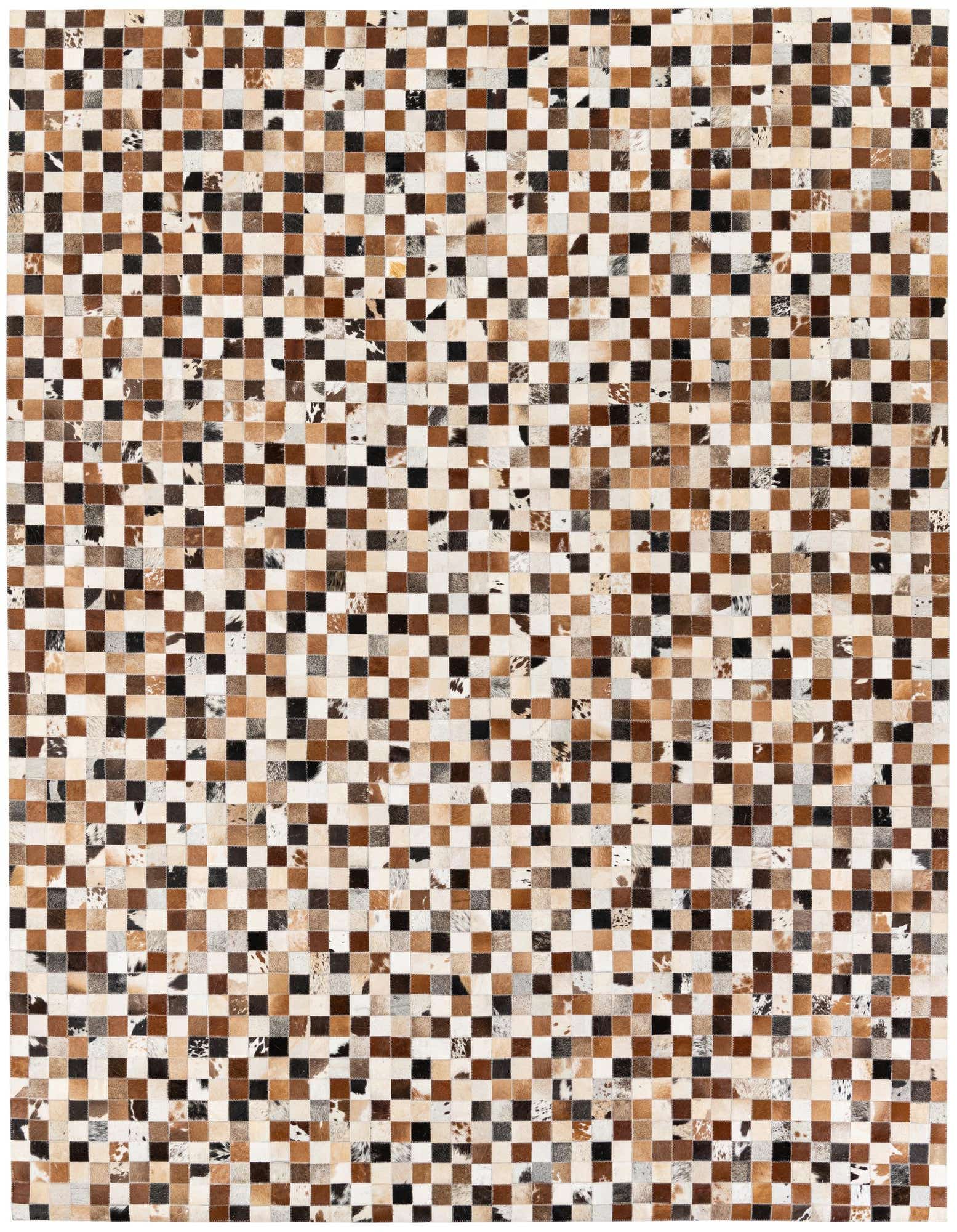 A rectangular 8x10 multi-colored modern cowhide rug featuring a patchwork of small square tiles in various shades of brown, black, and white.