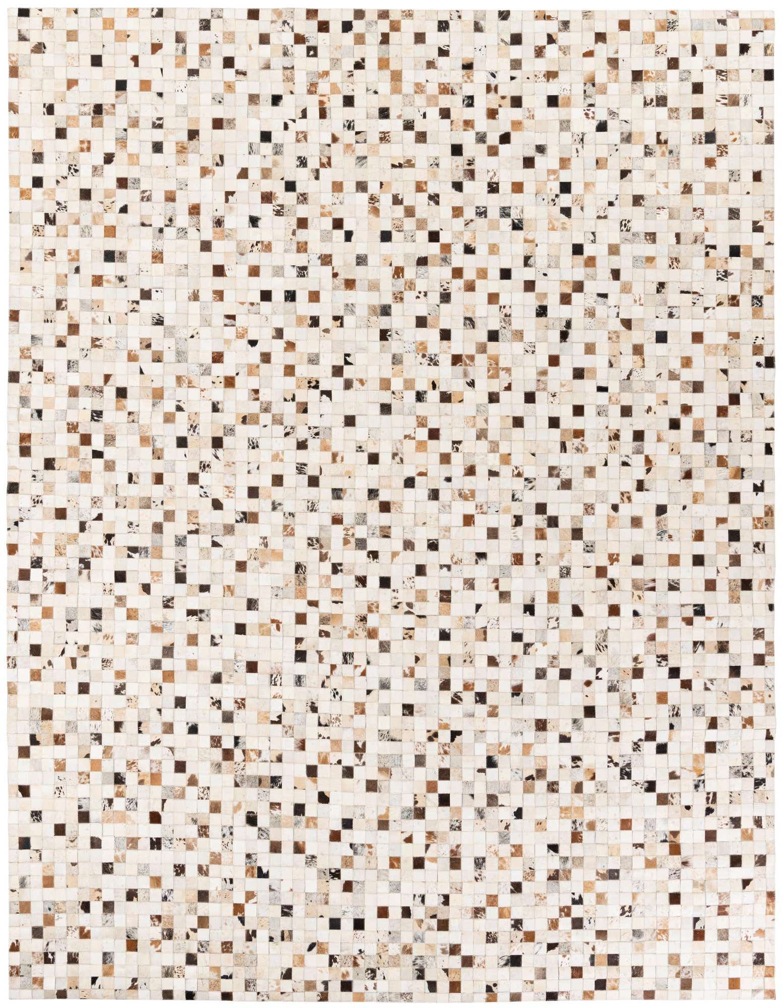 8x10 rectangular rug with a modern mosaic pattern of multi-colored cowhide and leather squares, ideal for a living room.