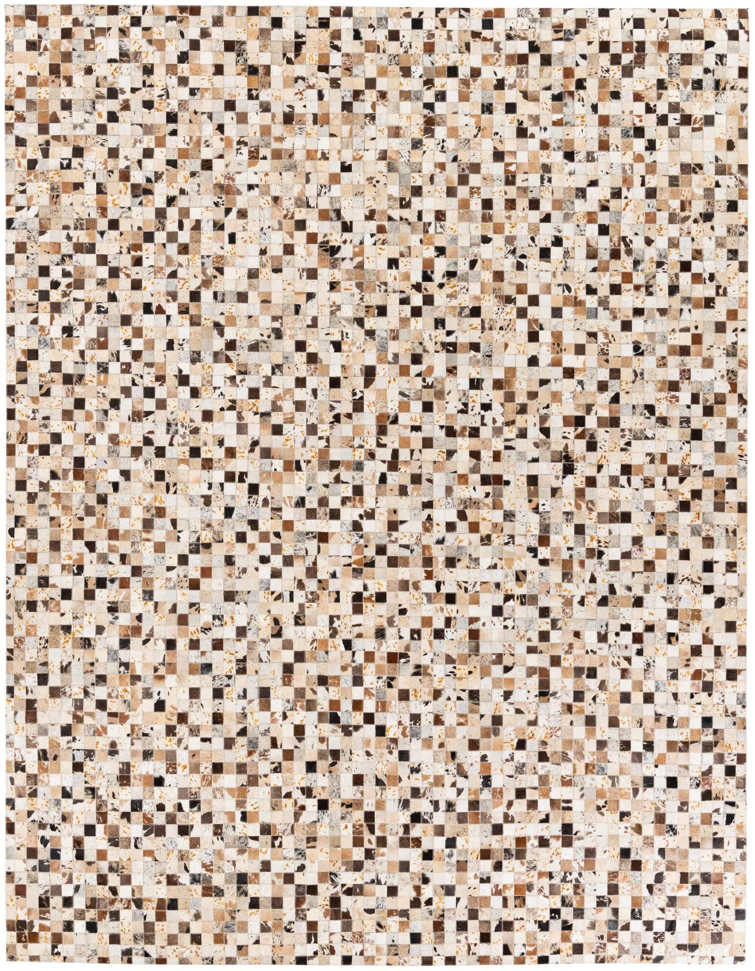 A rectangular 8x10 multi-colored patchwork cowhide rug with varying shades of brown, black, and cream squares.