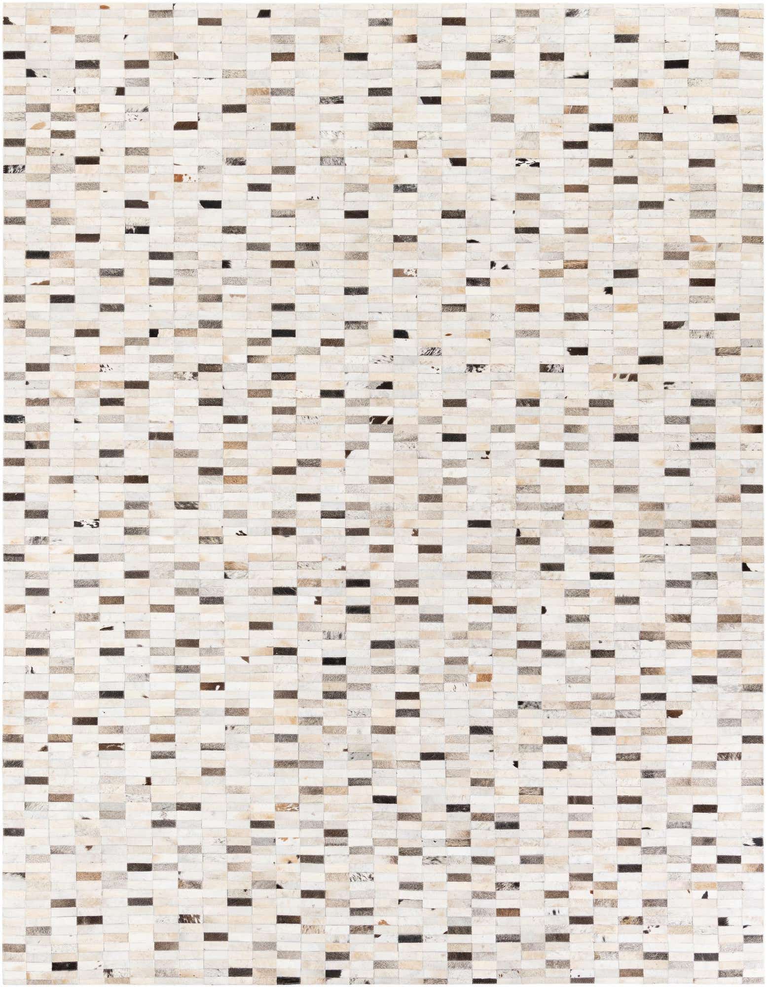 A rectangular 8x10 multi-colored modern cowhide rug with a mosaic pattern of light and dark rectangular patches.