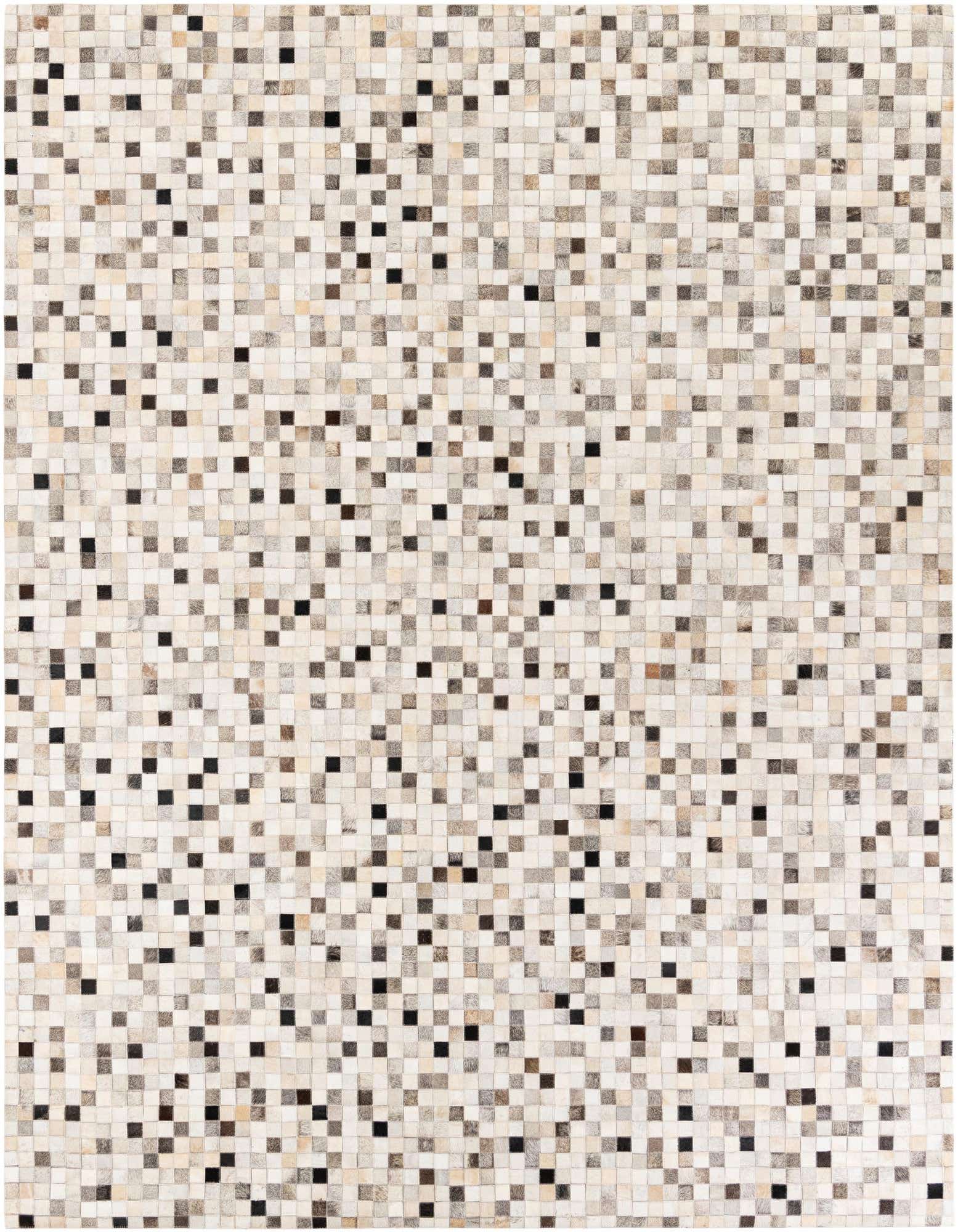 A rectangular 8x10 multi-colored modern cowhide rug with a mosaic pattern of small squares in varying shades of white, beige, brown, and black.