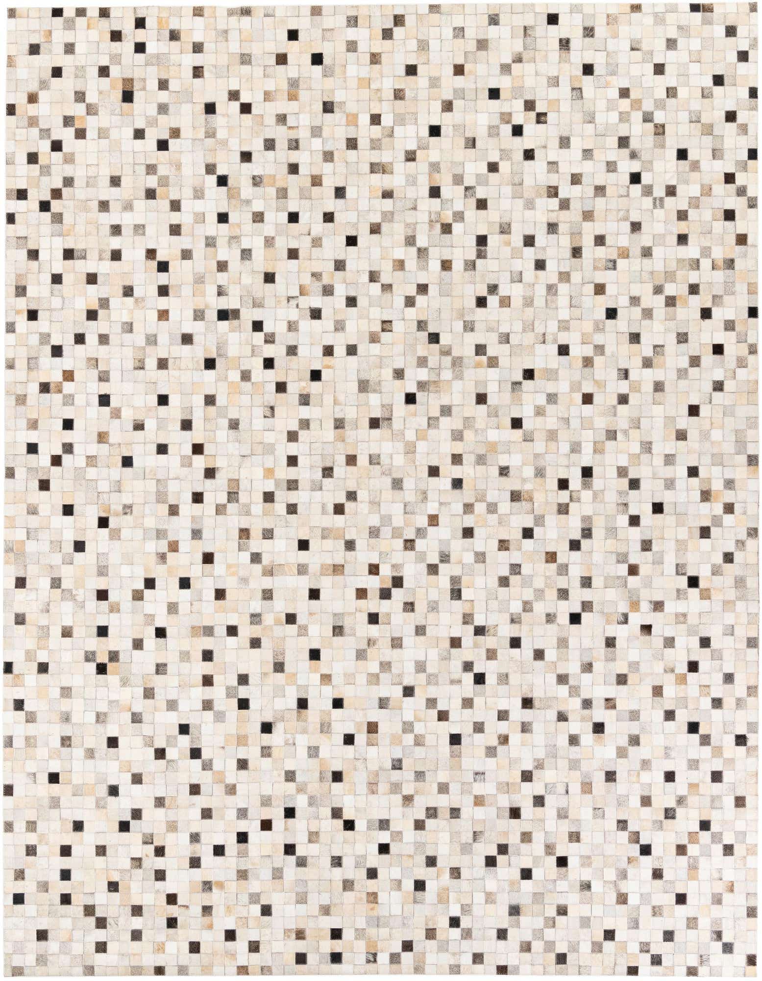 8x10 rectangular Cowhide Stocks rug featuring a mosaic of multi-colored cowhide squares in various natural tones, including cream, beige, brown, and black.