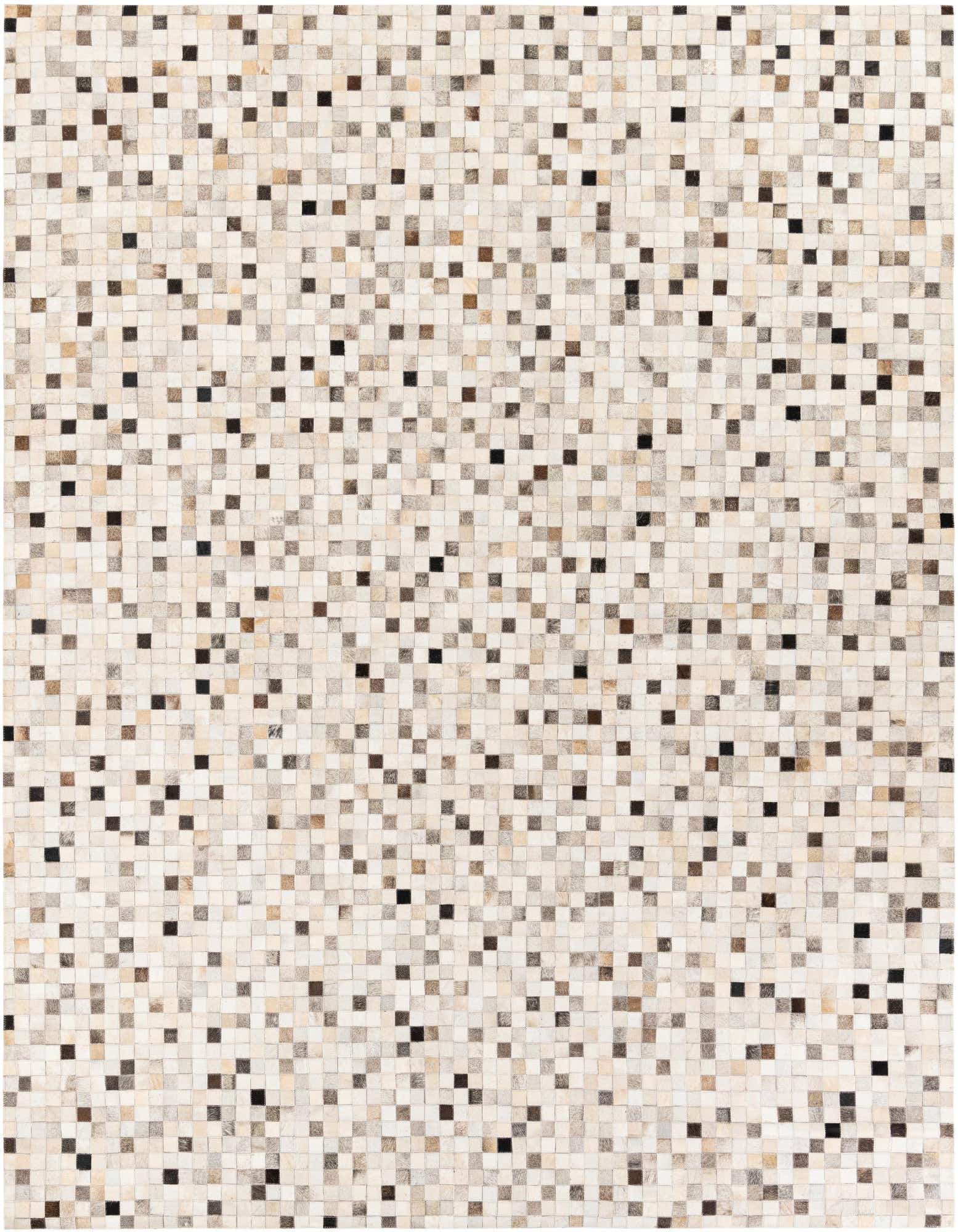 8x10 rectangular Cowhide Stocks rug in multi-colored modern mosaic pattern, ideal for a living room.