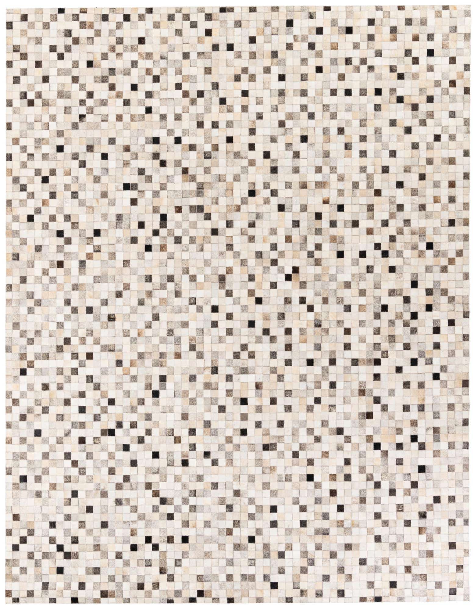 A rectangular 8x10 modern cowhide rug featuring a mosaic pattern of multi-colored square patches in shades of beige, brown, and black.