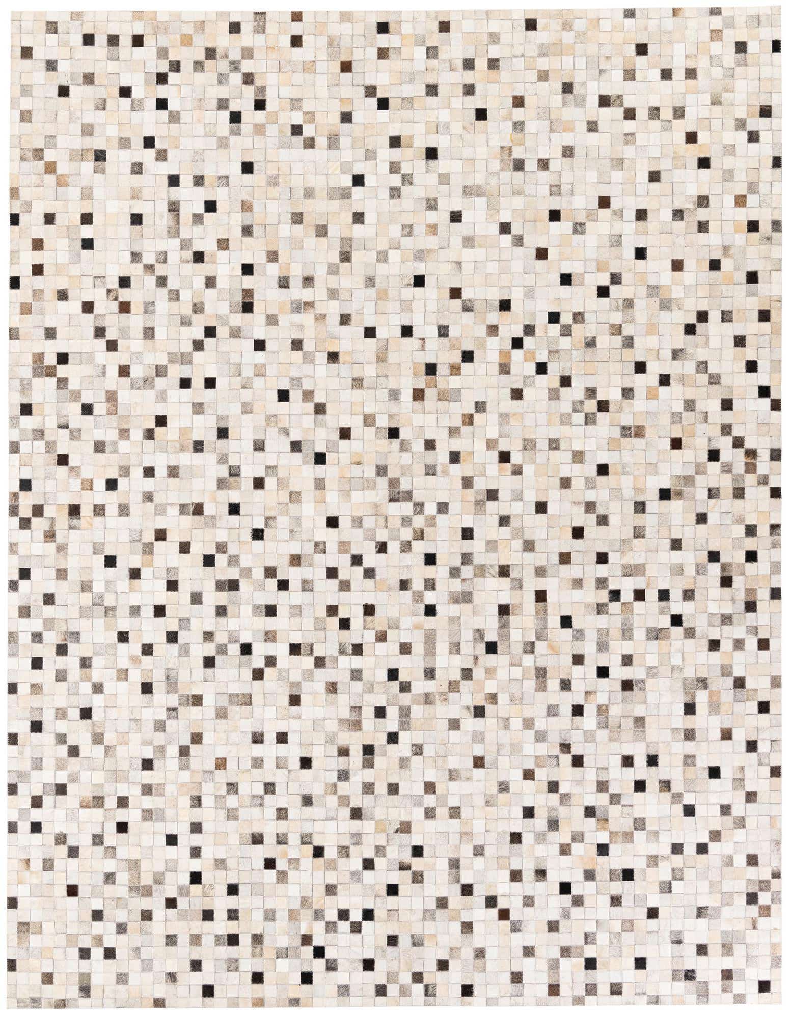 A rectangular 8x10 multi-colored modern cowhide rug with a mosaic pattern of small square patches in varying shades of cream, beige, brown, and black.