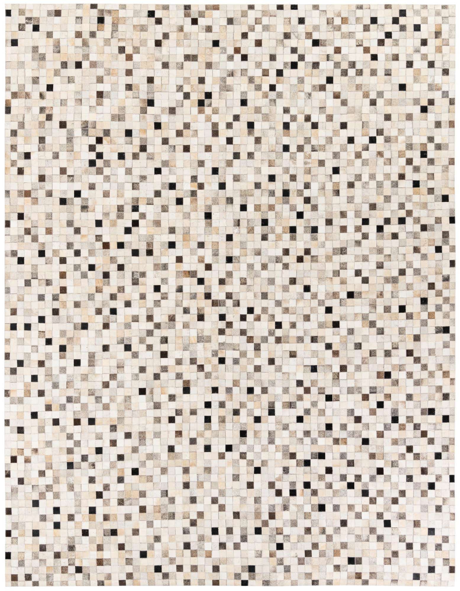 A rectangular 8x10 modern cowhide rug featuring a mosaic pattern of multi-colored squares in varying shades of white, beige, brown, and black.