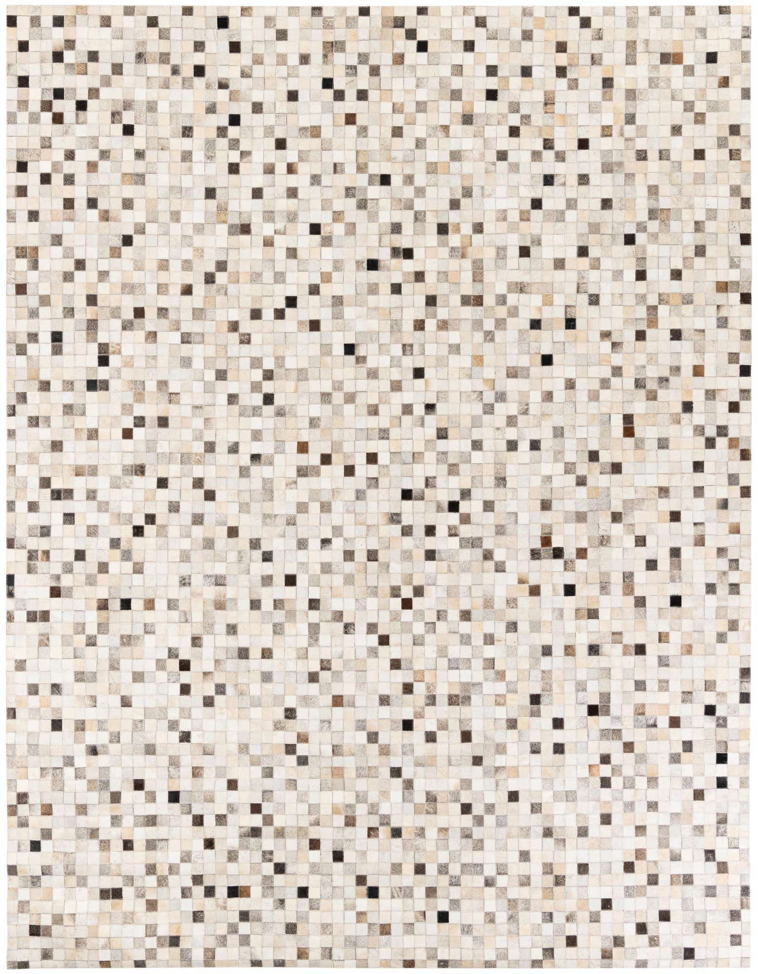 A rectangular 8x10 multi-colored modern cowhide rug with a mosaic pattern of small square patches in varying shades of brown, beige, and white.