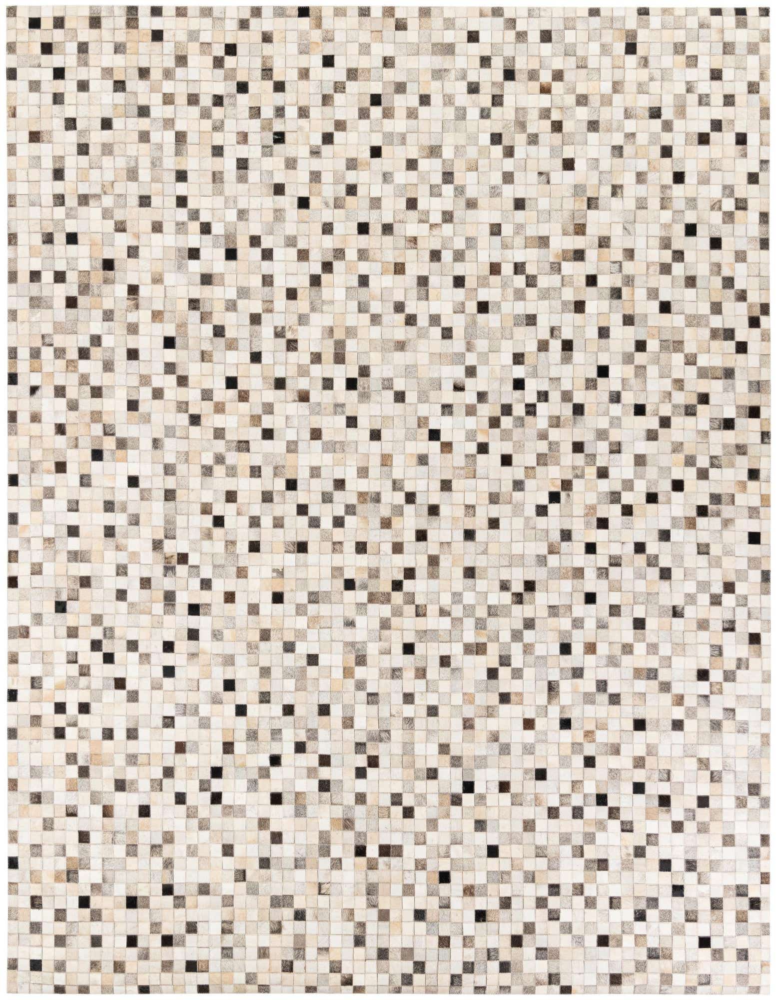 A rectangular 8x10 multi-colored modern cowhide rug with a mosaic pattern of small squares in varying shades of white, beige, brown, and black.