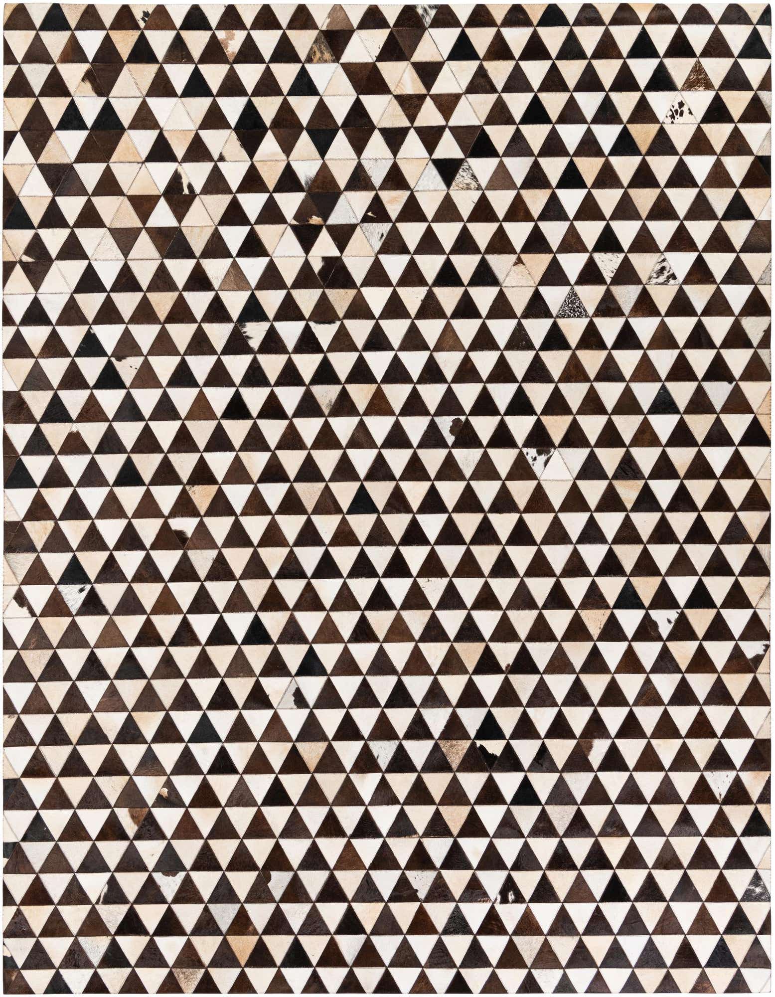 A rectangular 8x10 Cowhide Stocks rug featuring a geometric patchwork of multi-colored cowhide triangles.