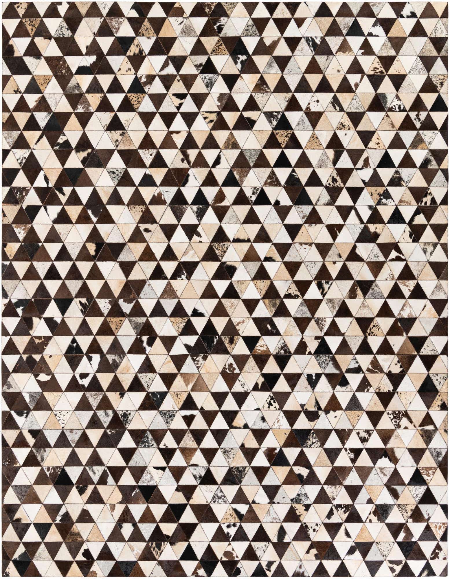 A rectangular 8x10 modern rug made from multi-colored cowhide and leather, featuring a geometric pattern of alternating light and dark triangular patches.
