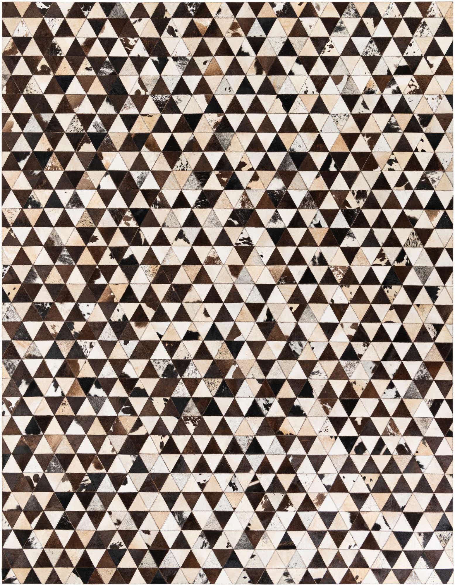 A rectangular 8x10 modern cowhide rug featuring a geometric pattern of multi-colored triangular patches in shades of brown, black, and white.
