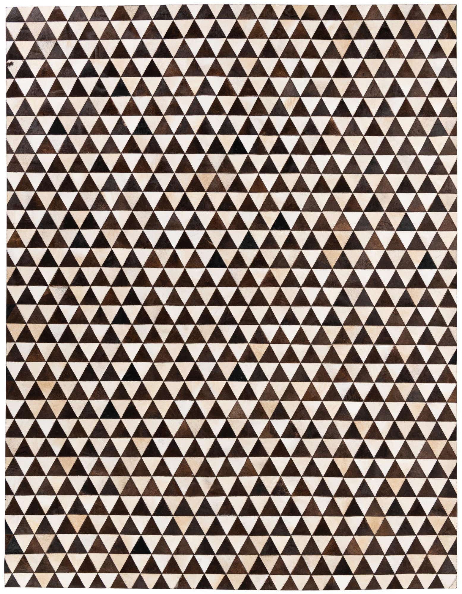 8x10 rectangular Cowhide Stocks rug featuring a modern geometric pattern of alternating dark brown and light cream triangles.