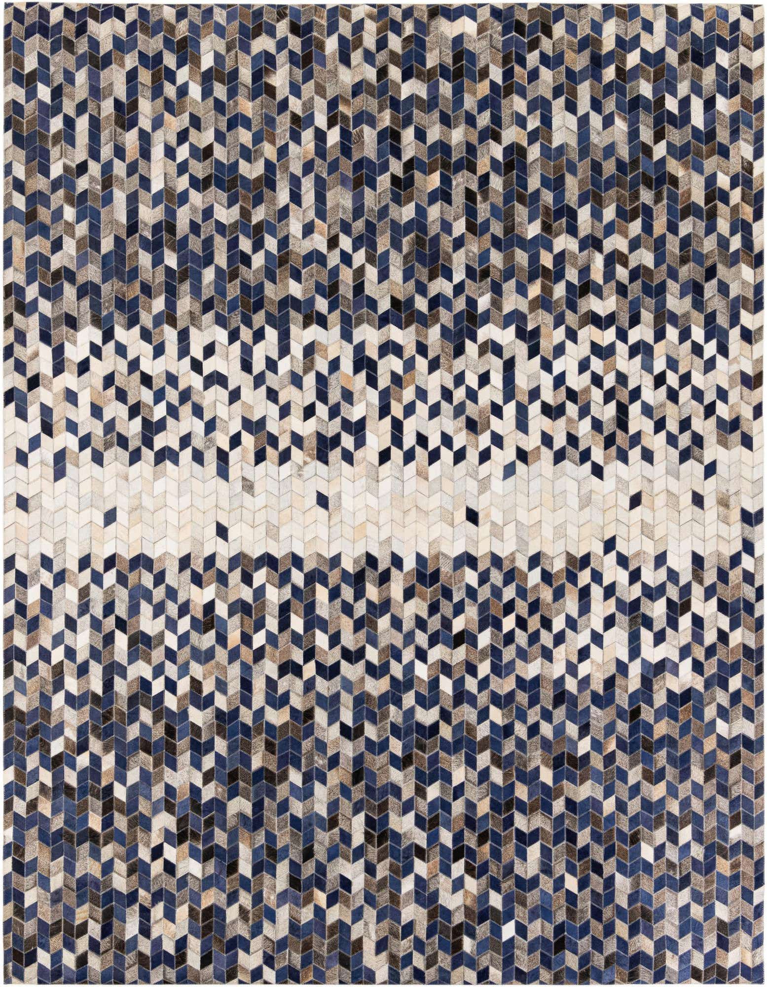 A rectangular 8x10 modern cowhide rug featuring a chevron pattern with shades of blue, brown, black, and white, suitable for a living room.