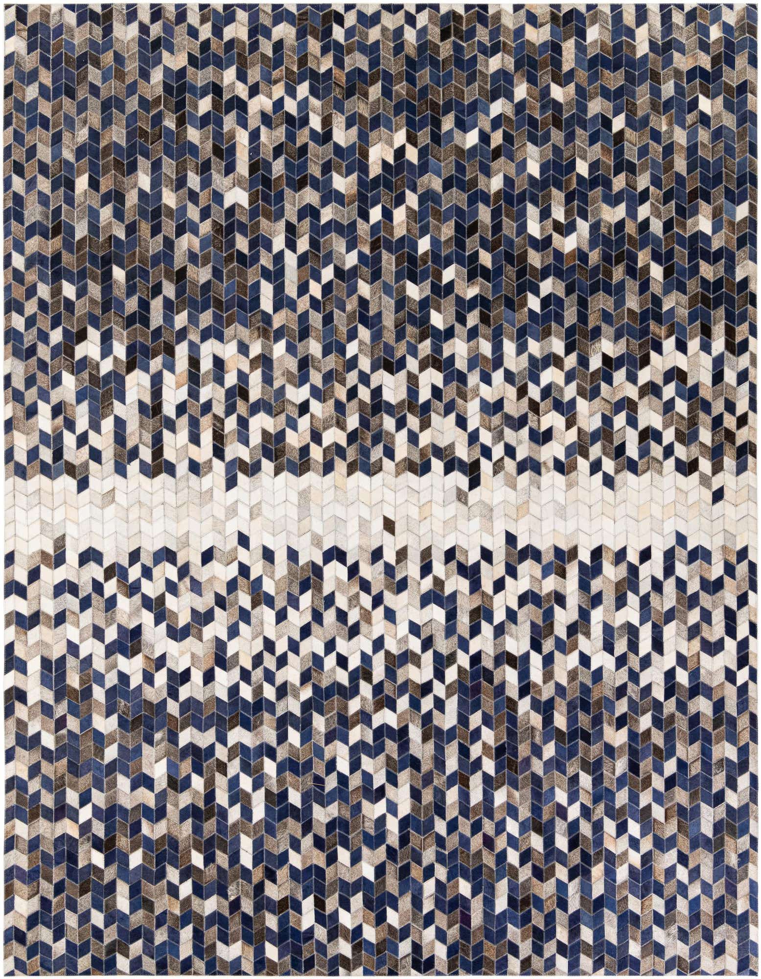 A rectangular 8x10 modern cowhide rug featuring a chevron pattern in shades of blue, brown, and white, with a central horizontal white stripe.