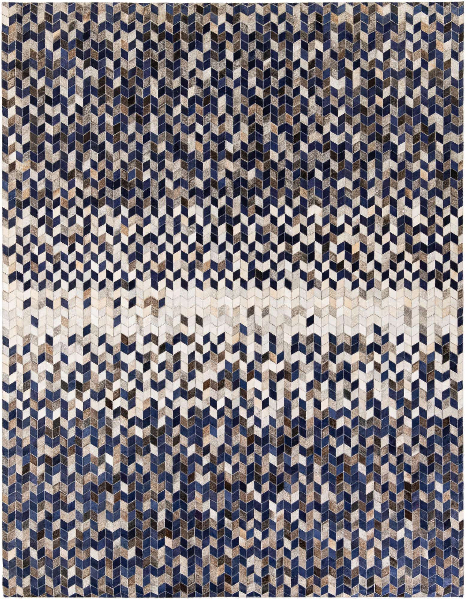 A rectangular 8x10 modern cowhide rug featuring a chevron pattern with blue, brown, and white tones.