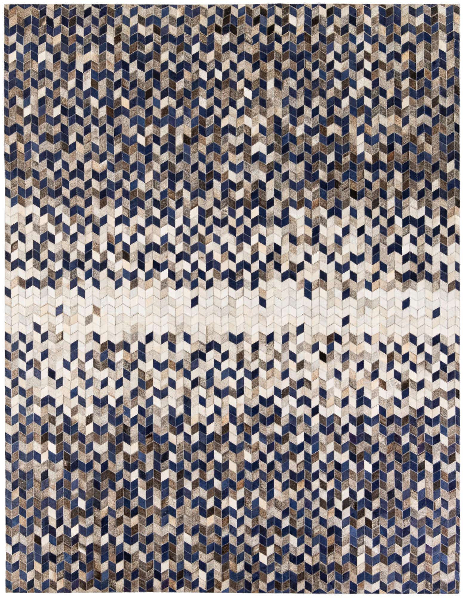 A rectangular 8x10 multi-colored modern cowhide rug featuring a chevron pattern in shades of blue, brown, and white, with a central horizontal band of lighter tones.