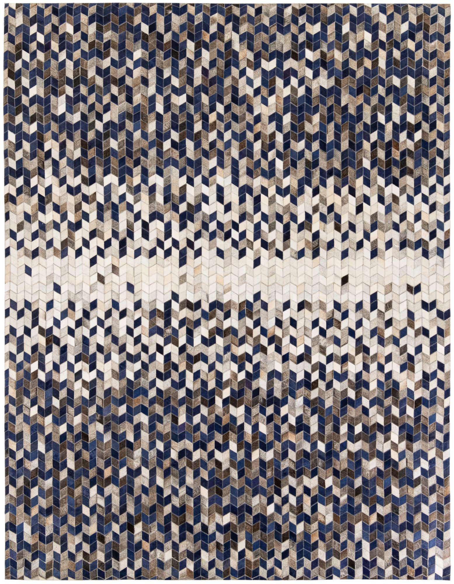 A rectangular 8x10 Cowhide Stocks rug with a modern chevron pattern in shades of blue, brown, and natural white.