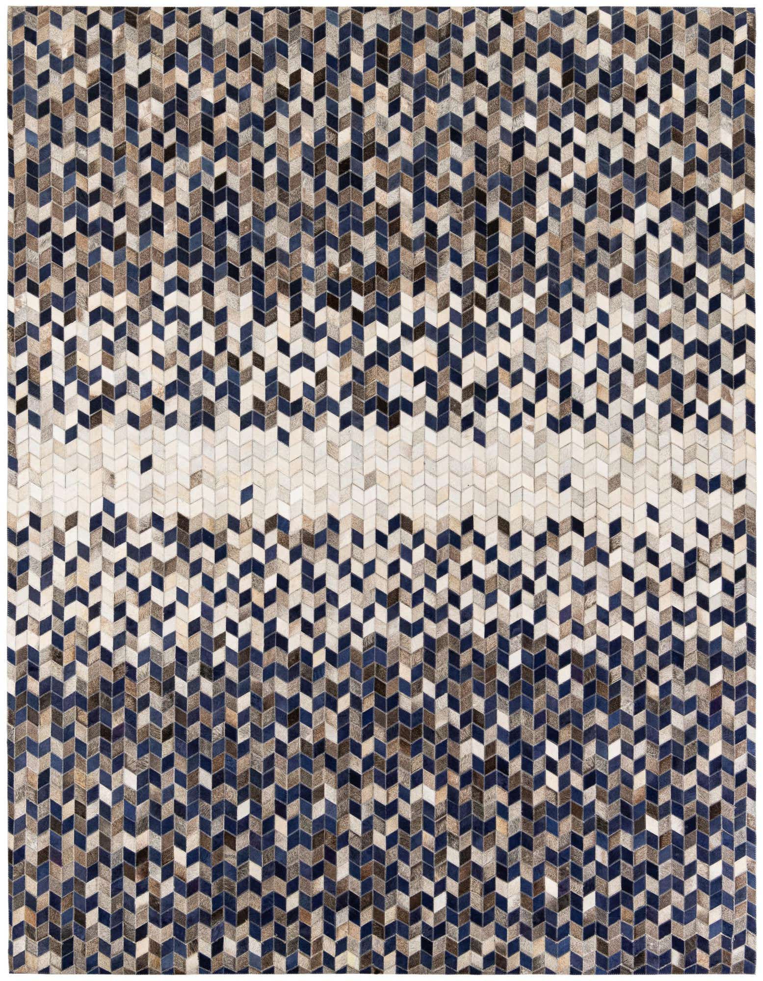 A rectangular 8x10 modern cowhide rug featuring a chevron pattern with multi-colored shades of blue, brown, and white.