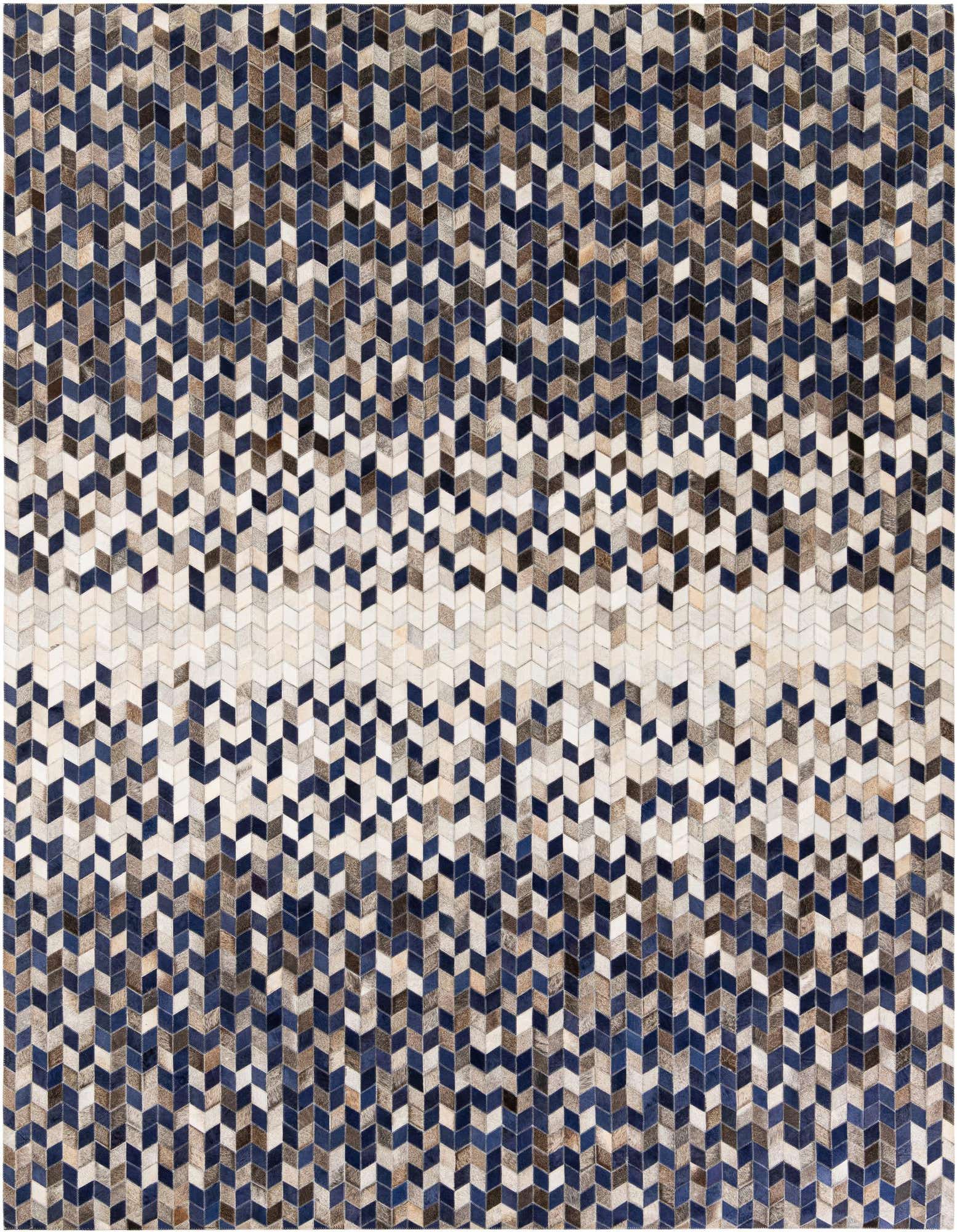 A rectangular 8x10 Cowhide Stocks rug featuring a geometric patchwork pattern in shades of blue, brown, and white.