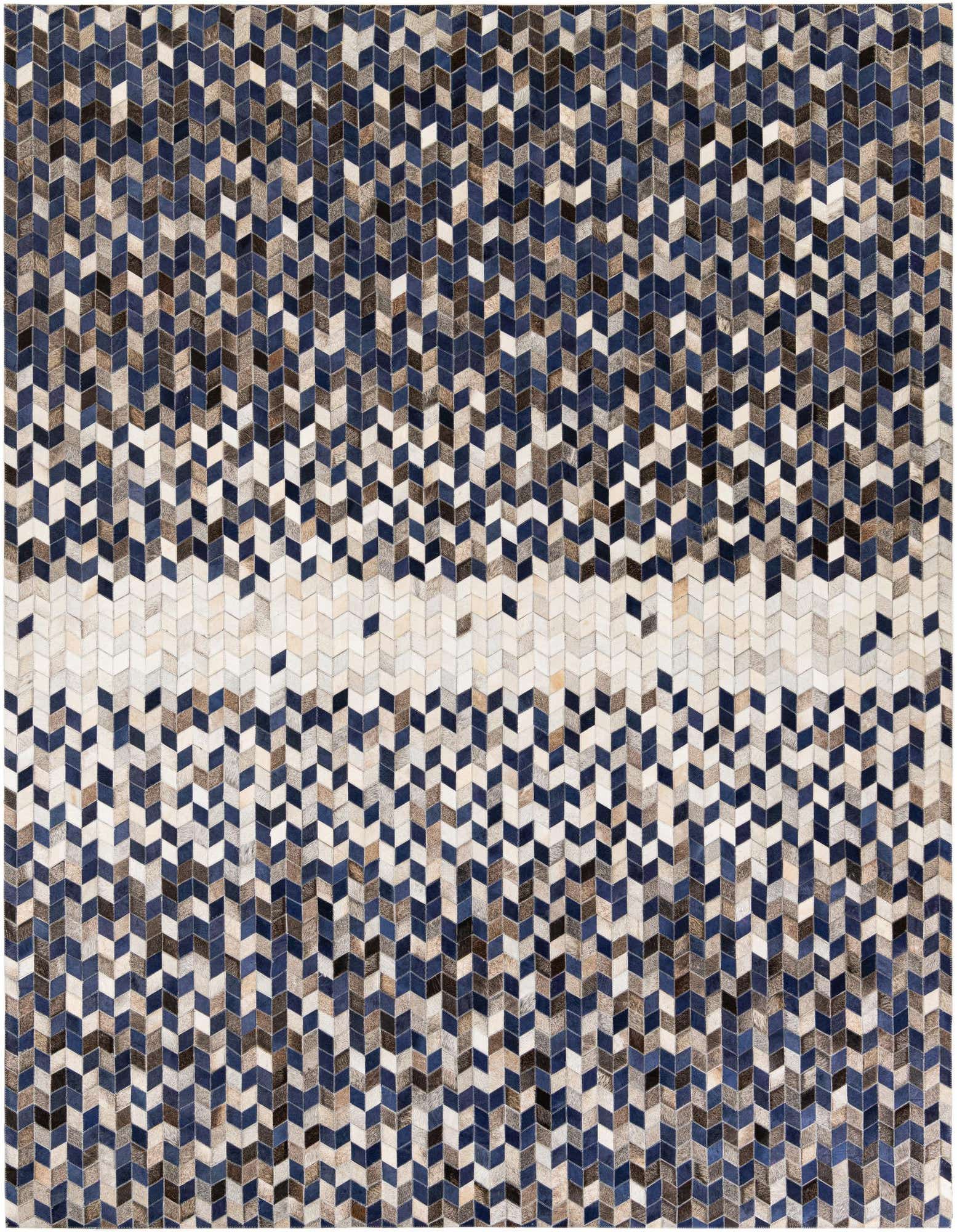 A rectangular 8x10 modern cowhide rug featuring a chevron pattern with shades of blue, brown, black, and white.