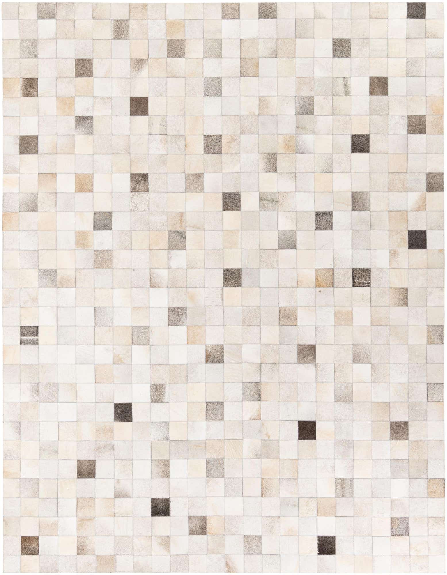 A rectangular 8x10 Cowhide Stocks rug from Rugs.com featuring a modern patchwork of multi-colored cowhide squares in varying shades of light brown, beige, and dark brown.