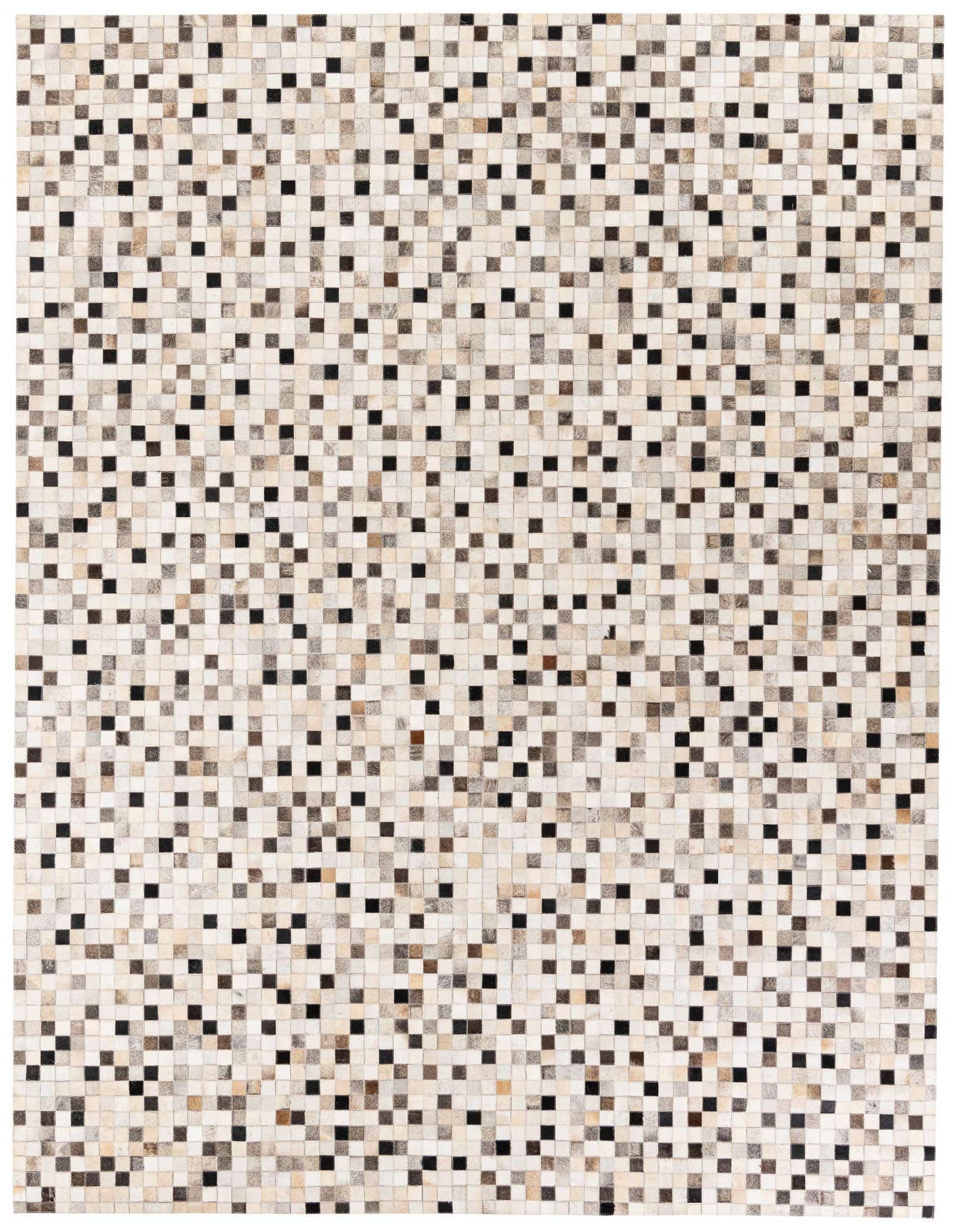 A rectangular 8x10 multi-colored patchwork cowhide rug with small geometric squares in varying shades of brown, black, and cream.