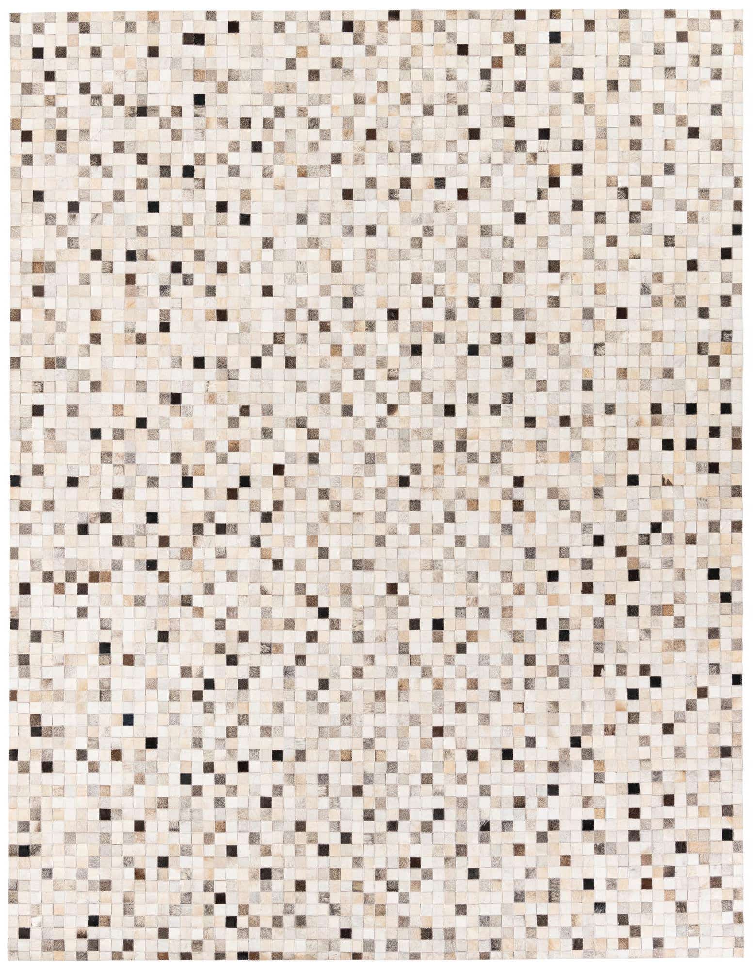 A rectangular 8x10 modern cowhide rug featuring a mosaic pattern of multi-colored squares in varying shades of brown, beige, and black.