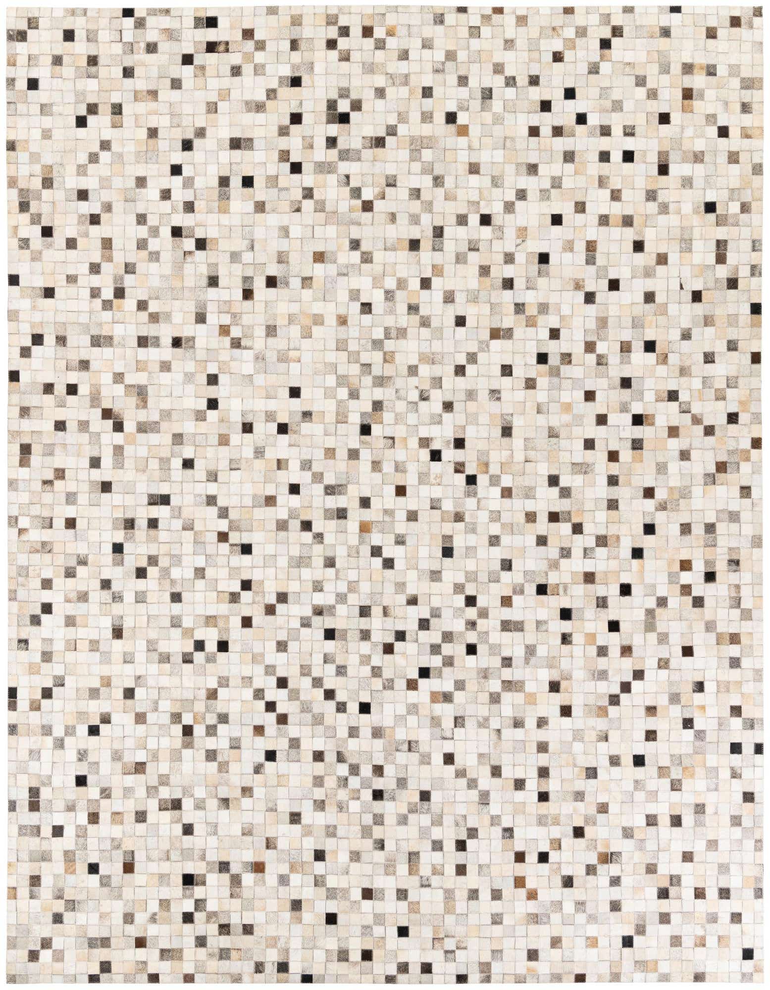 A rectangular 8x10 modern cowhide rug with a mosaic pattern of multi-colored squares, ideal for a living room.