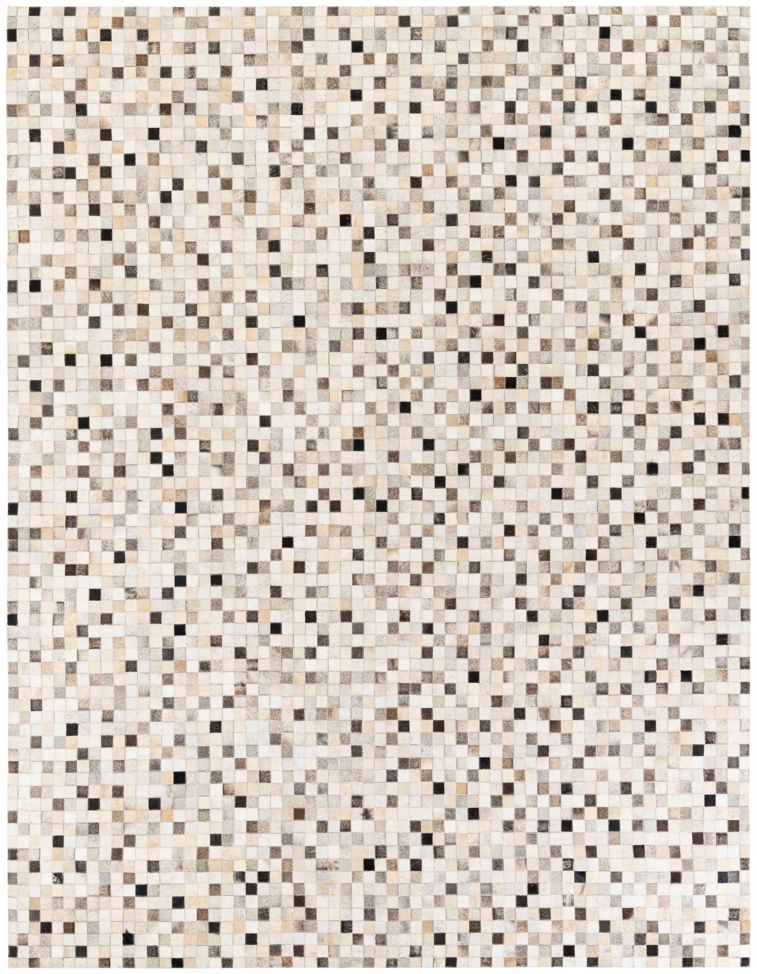 A rectangular 8x10 multi-colored modern cowhide rug with a mosaic pattern of small squares in varying shades of white, beige, brown, and black.
