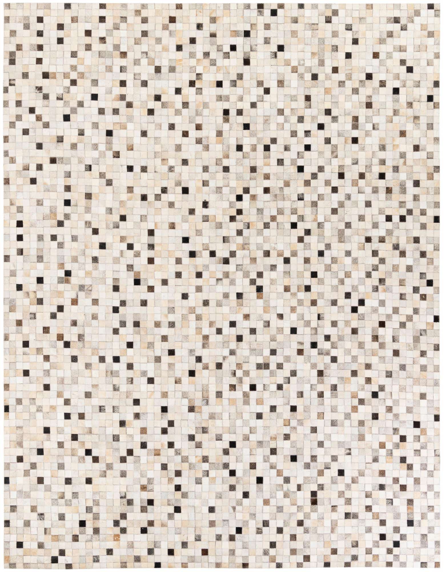 A rectangular 8x10 multi-colored cowhide rug featuring a mosaic pattern of small square patches in varying shades of brown, beige, and black.