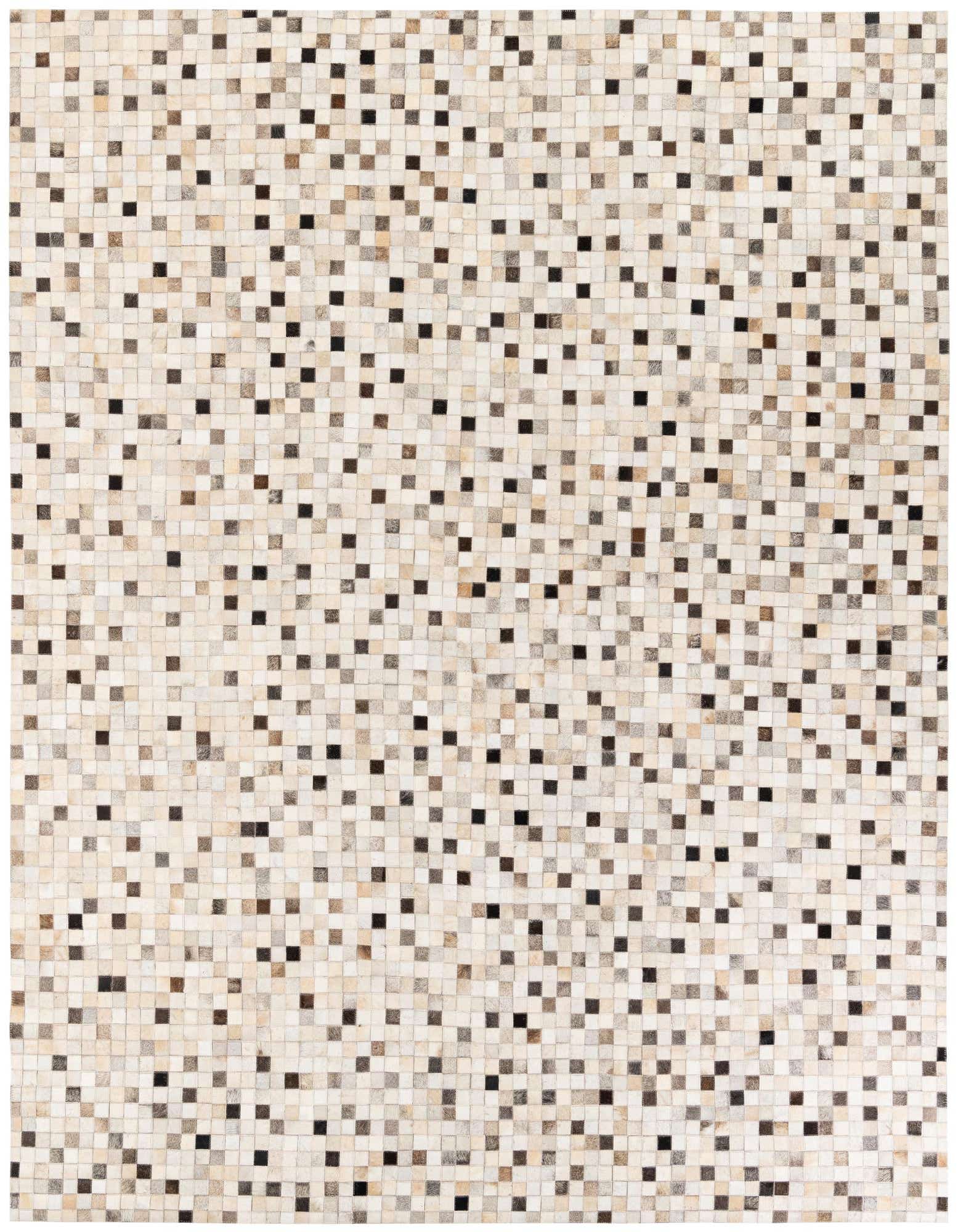 A rectangular 8x10 modern cowhide rug featuring a mosaic pattern of multi-colored square patches in various shades of brown, beige, and black.