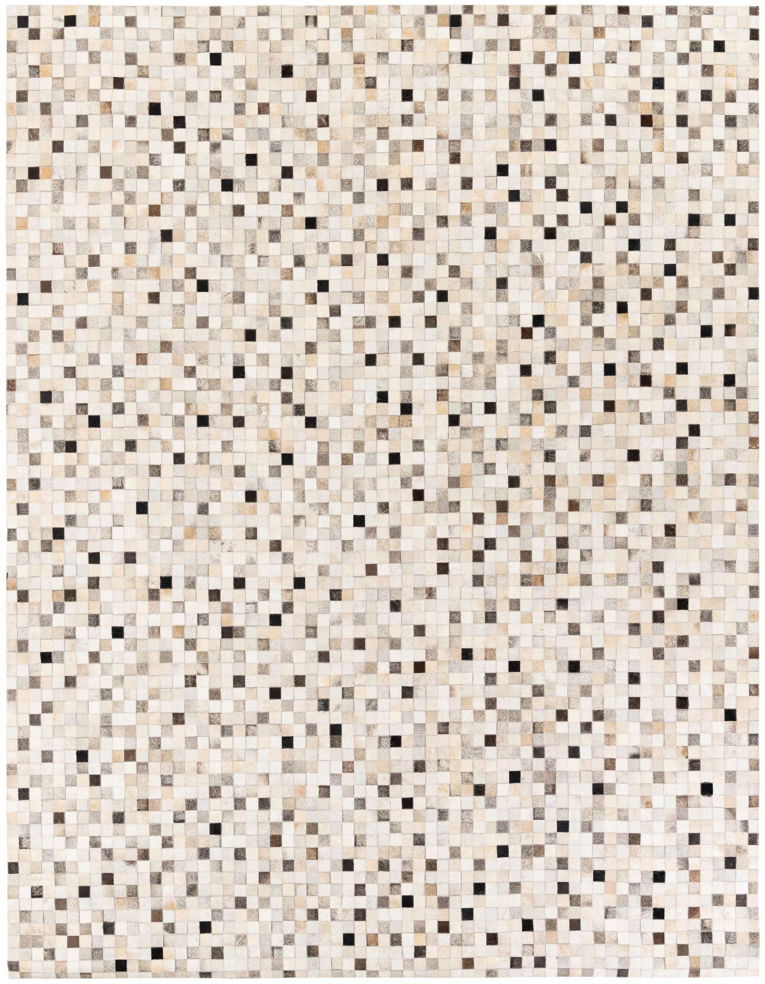 A rectangular 8x10 multi-colored modern cowhide rug with a mosaic pattern of small squares in varying shades of white, beige, brown, and black.