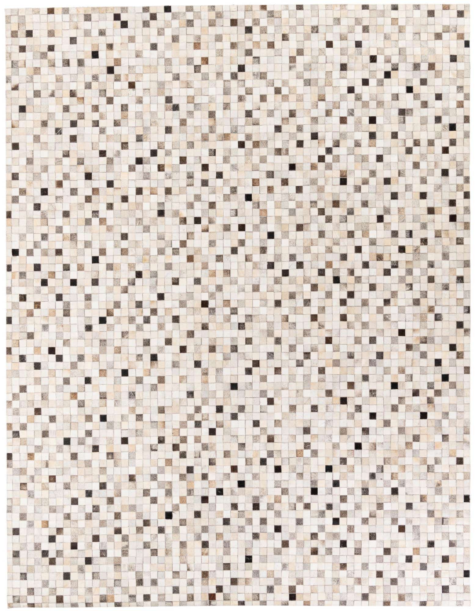 A rectangular 8x10 Cowhide Stocks rug featuring a modern mosaic pattern of multi-colored cowhide squares.