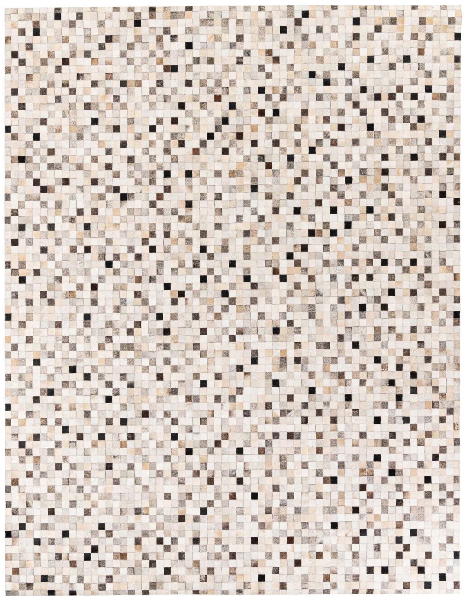 A rectangular 8x10 multi-colored modern cowhide rug with a mosaic pattern of small square patches in varying shades of brown, black, and cream.