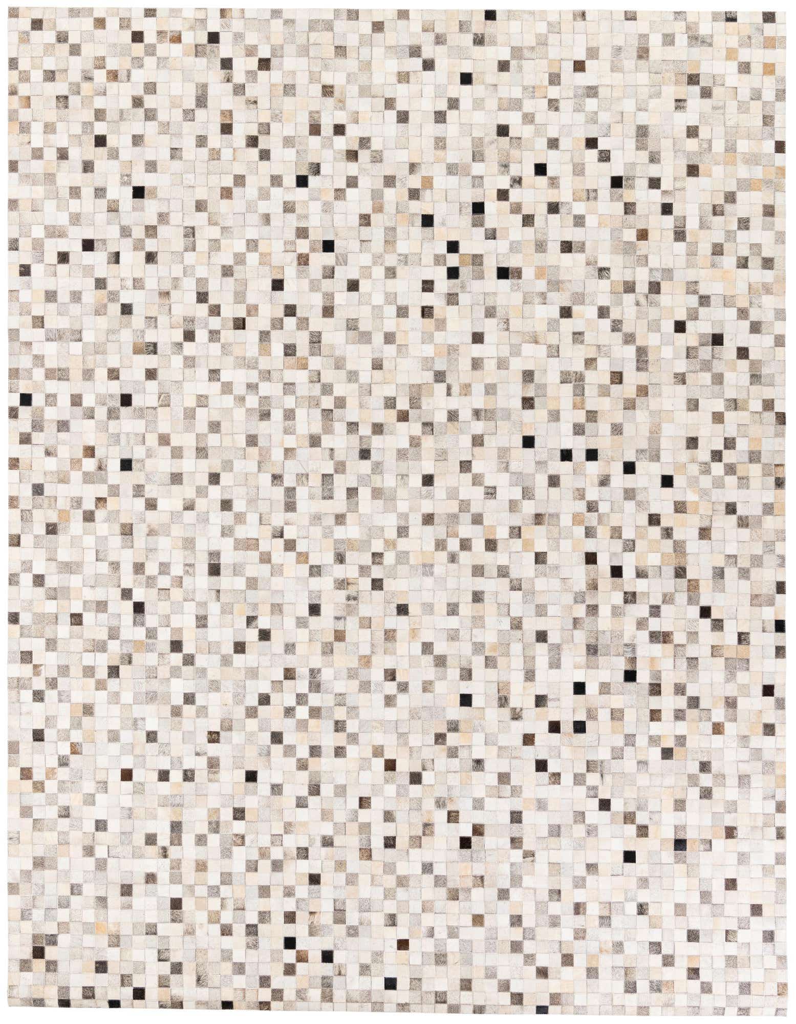 A rectangular 8x10 modern cowhide rug featuring a mosaic pattern of multi-colored natural hide squares.