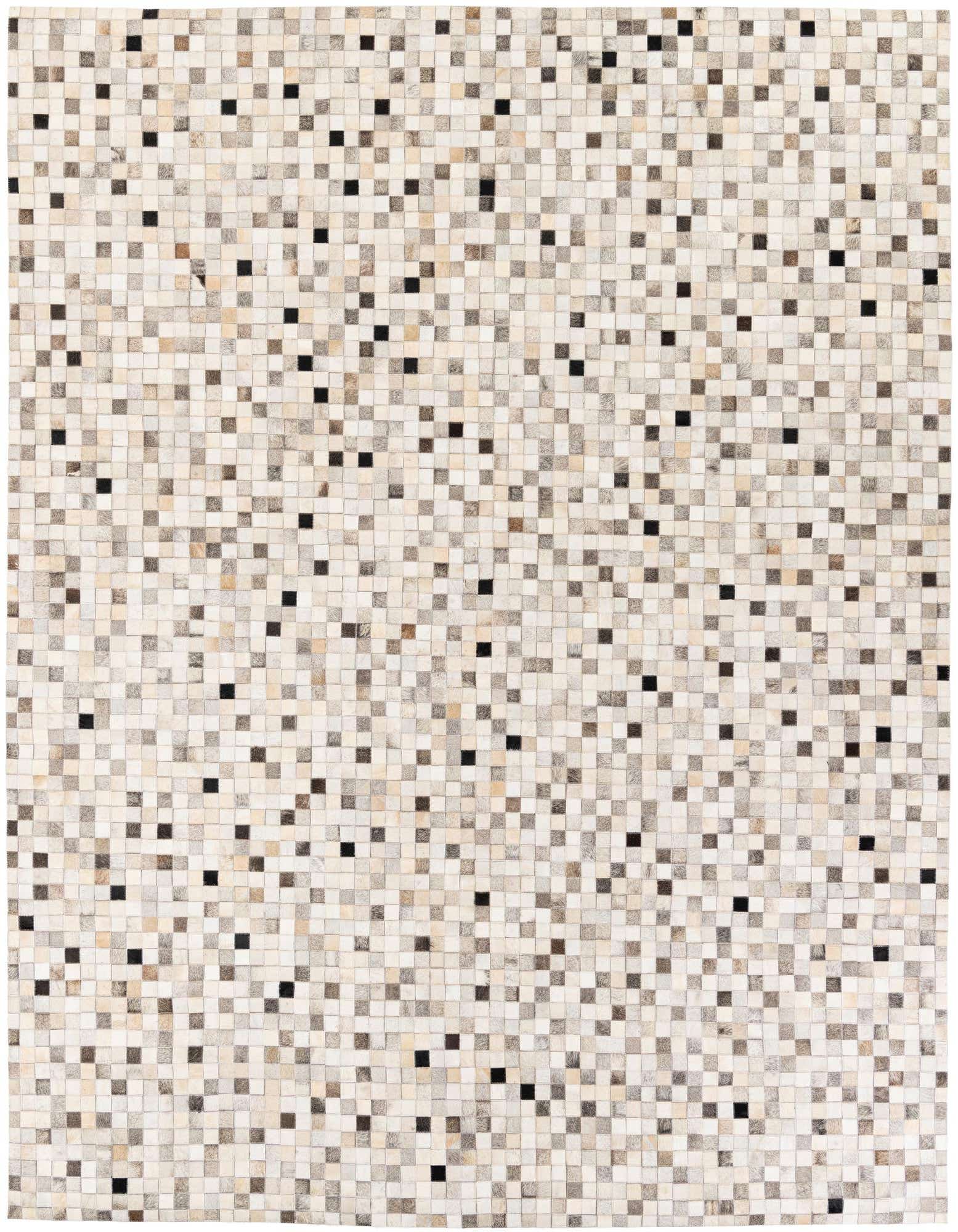 A rectangular 8x10 multi-colored modern cowhide rug with a mosaic pattern of small squares in varying shades of white, beige, brown, and black.