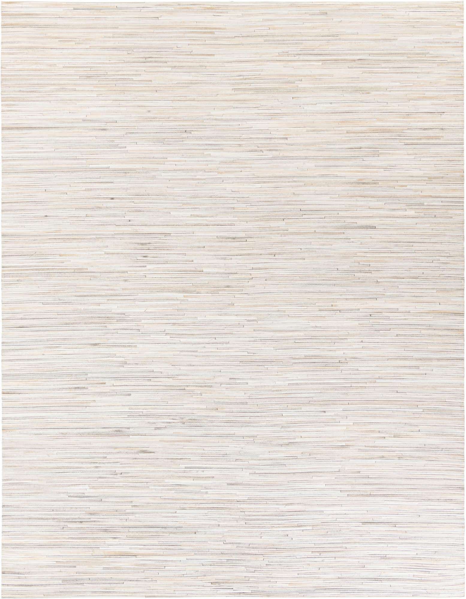 A rectangular 8x10 Cowhide Stocks rug from Rugs.com featuring a modern, multi-colored stripe pattern made from cowhide and leather, suitable for a living room.