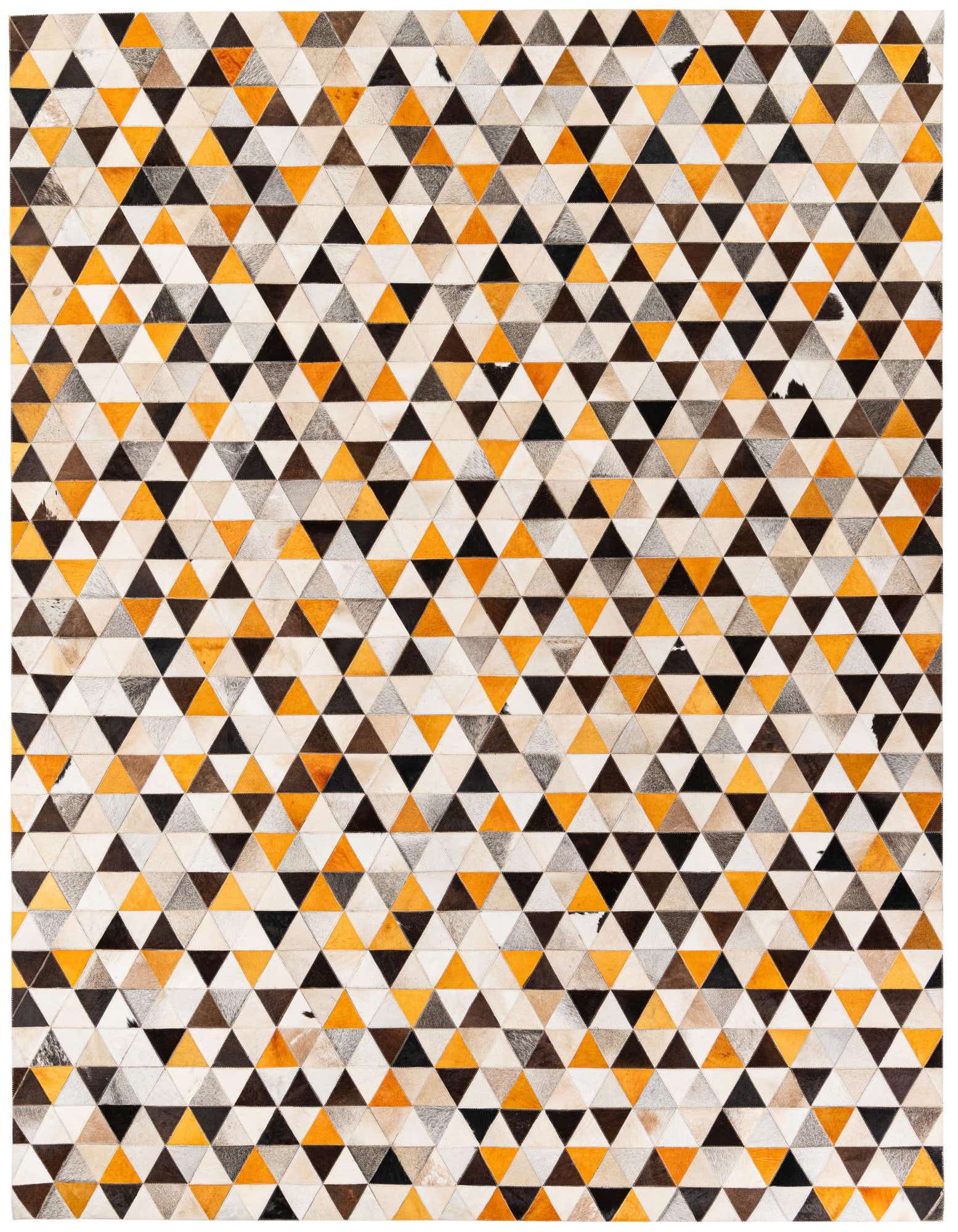 8x10 rectangular modern cowhide rug with a geometric pattern of multi-colored triangles in shades of orange, black, white, and brown.