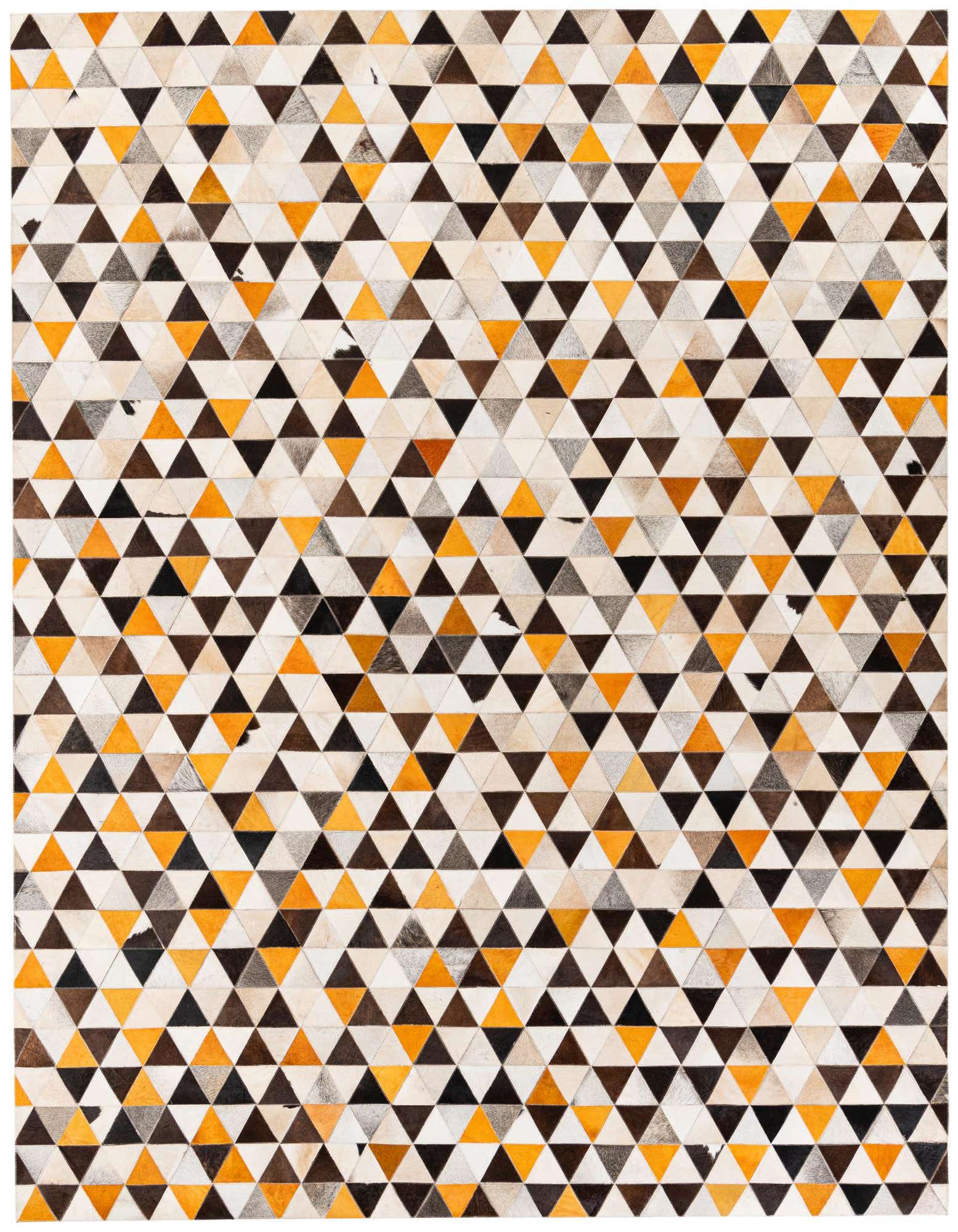 A modern 8x10 rectangular rug featuring a geometric pattern of multi-colored cowhide triangles in white, brown, black, and orange hues.