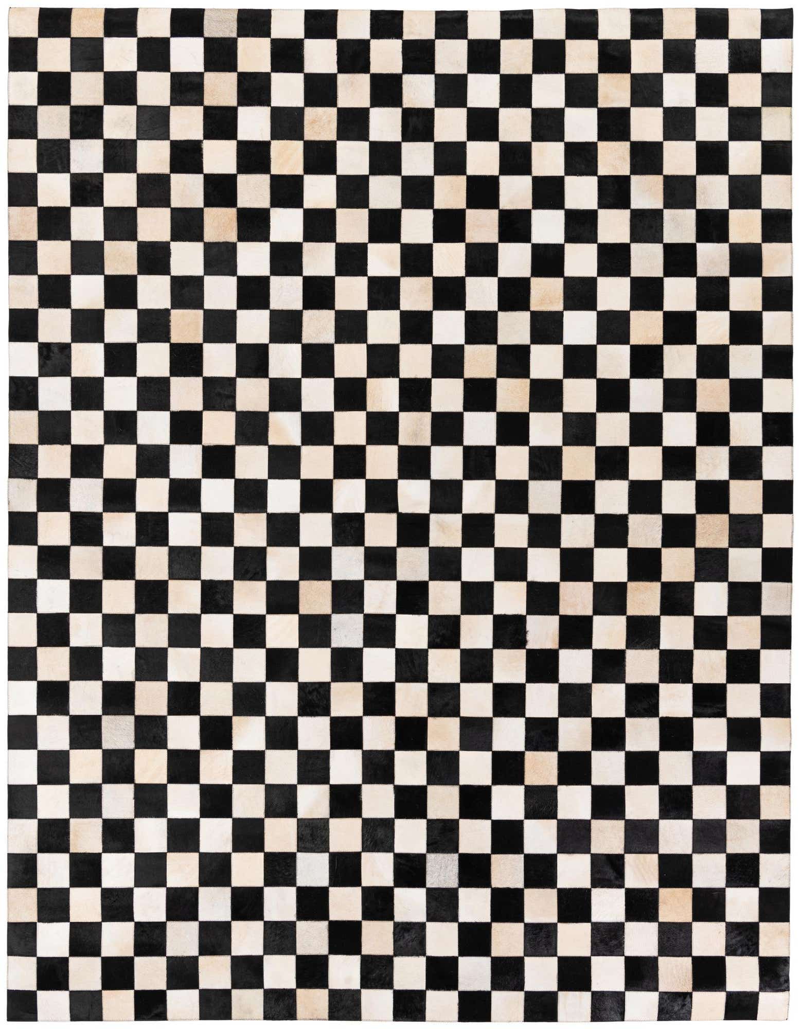 A rectangular 8x10 Cowhide Stocks rug from Rugs.com featuring a bold black and off-white checkered pattern.