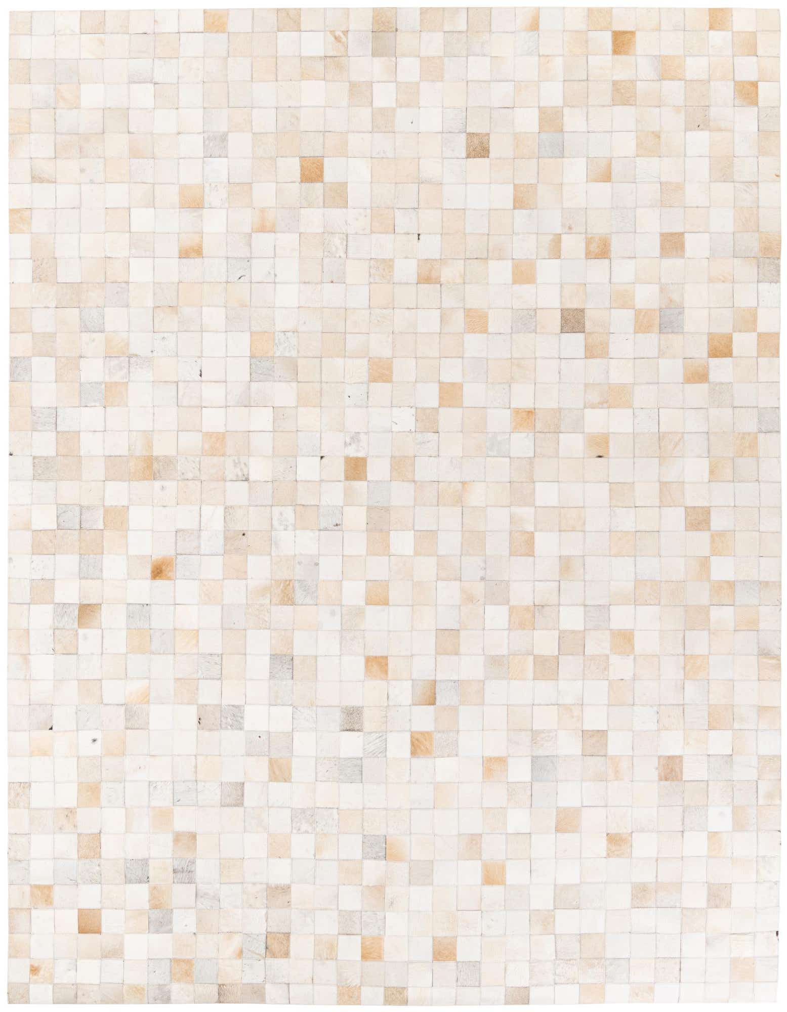 A rectangular 8x10 Cowhide Stocks rug from Rugs.com, featuring a modern mosaic pattern of multi-colored cowhide squares in shades of cream, beige, and light brown.