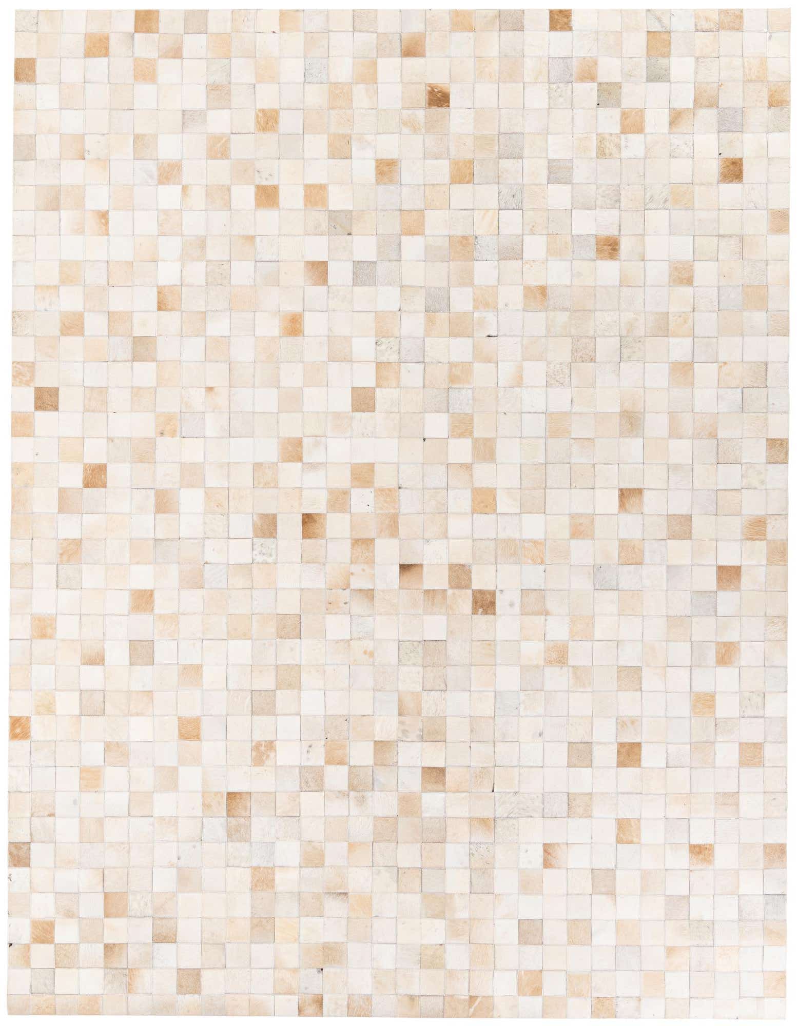 A rectangular 8x10 modern cowhide rug with a mosaic pattern of multi-colored squares in varying shades of beige, brown, and cream.