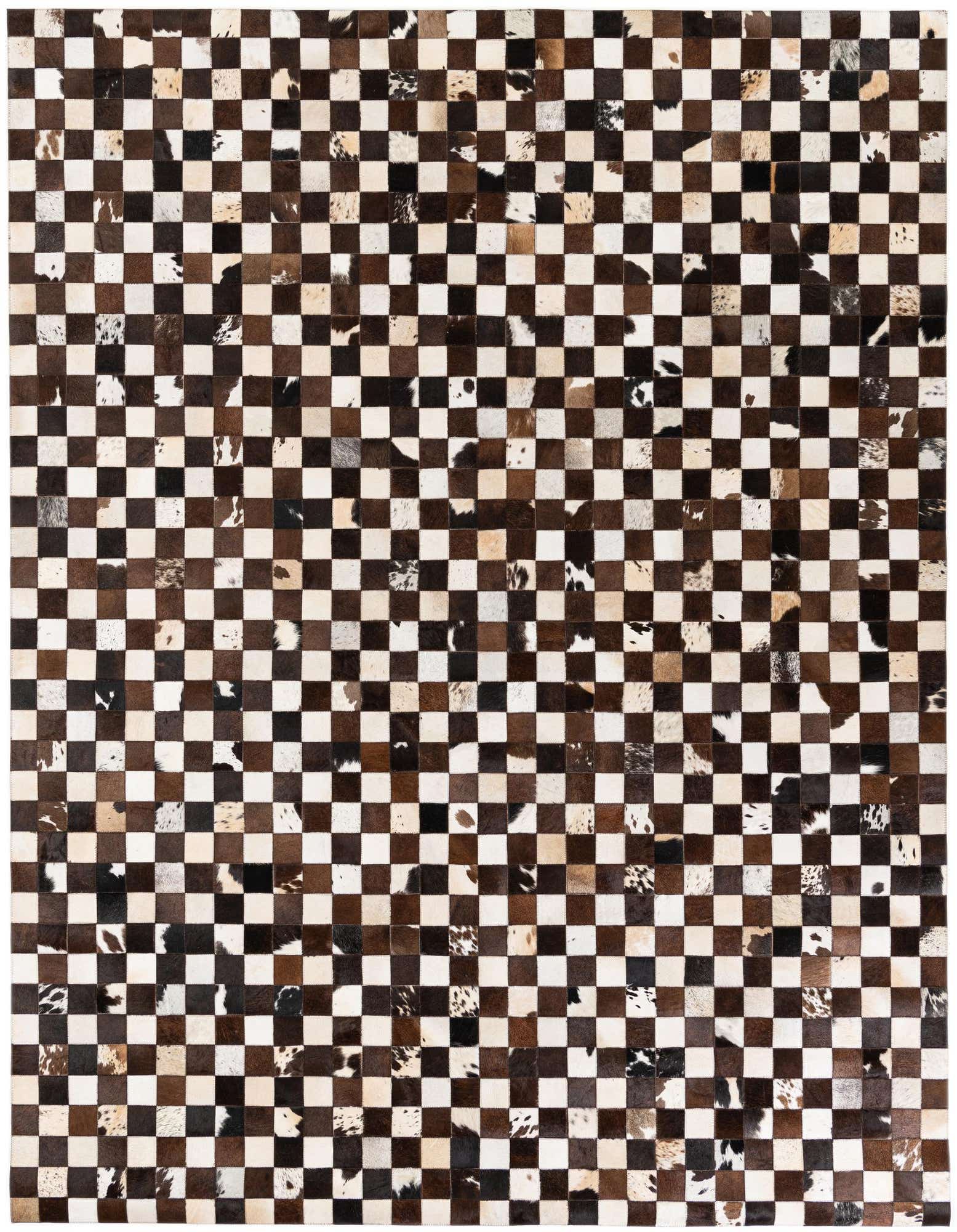 A rectangular 8x10 modern cowhide rug featuring a checkerboard pattern of multi-colored brown, black, and white patches.