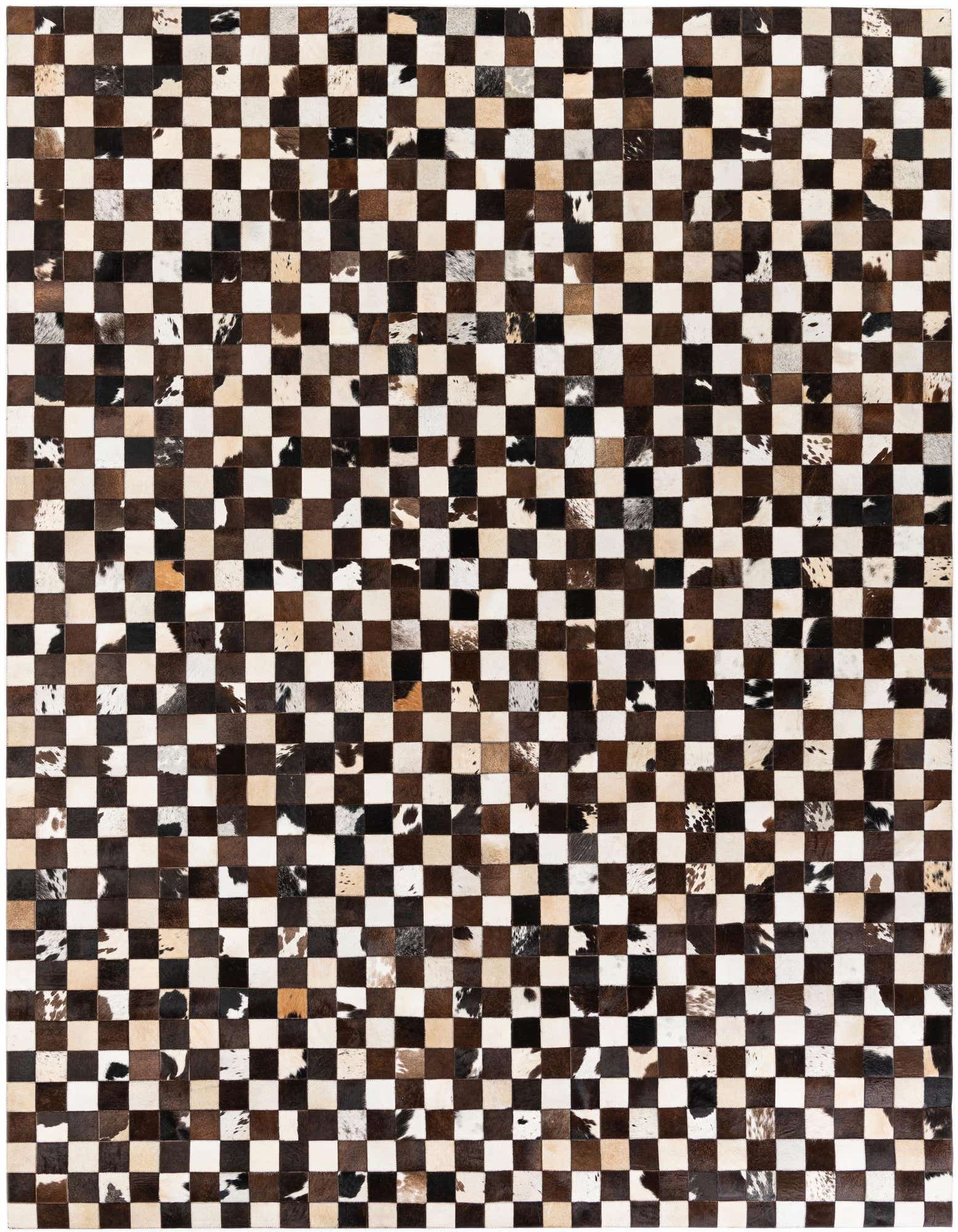 A rectangular 8x10 modern rug featuring a checkerboard pattern of multi-colored cowhide and leather squares.