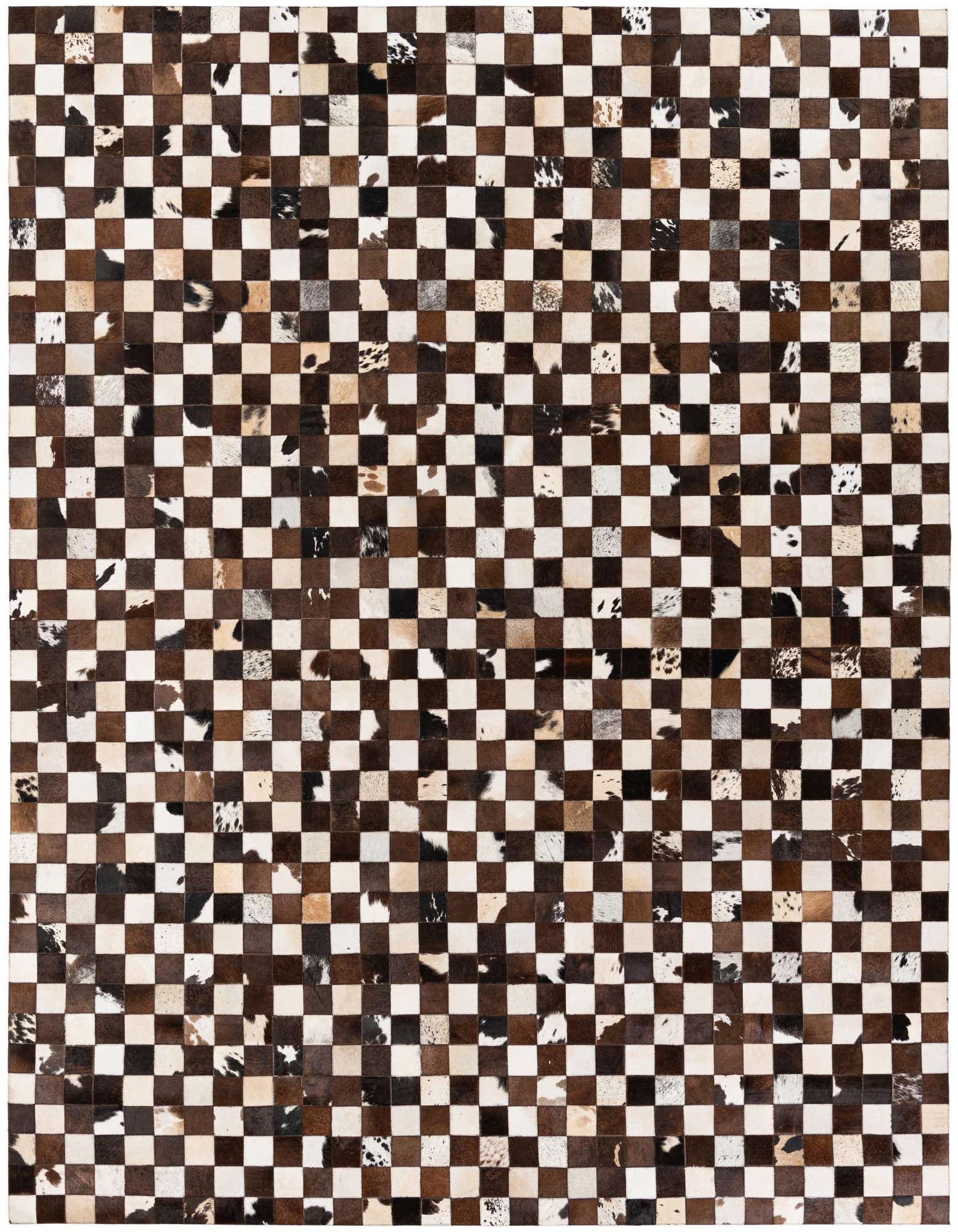 A rectangular 8x10 multi-colored cowhide rug featuring a modern checkerboard pattern in various shades of brown, black, and white.